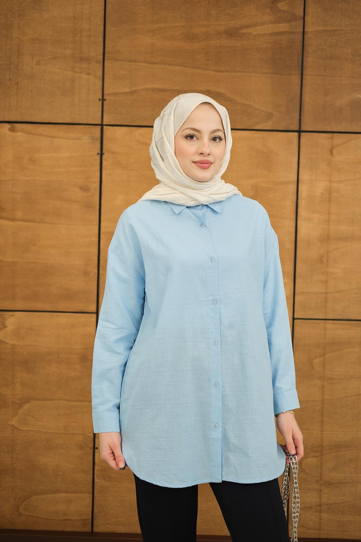 Şeffaf Düğme Detaylı Basic Gömlek Bebe Mavi