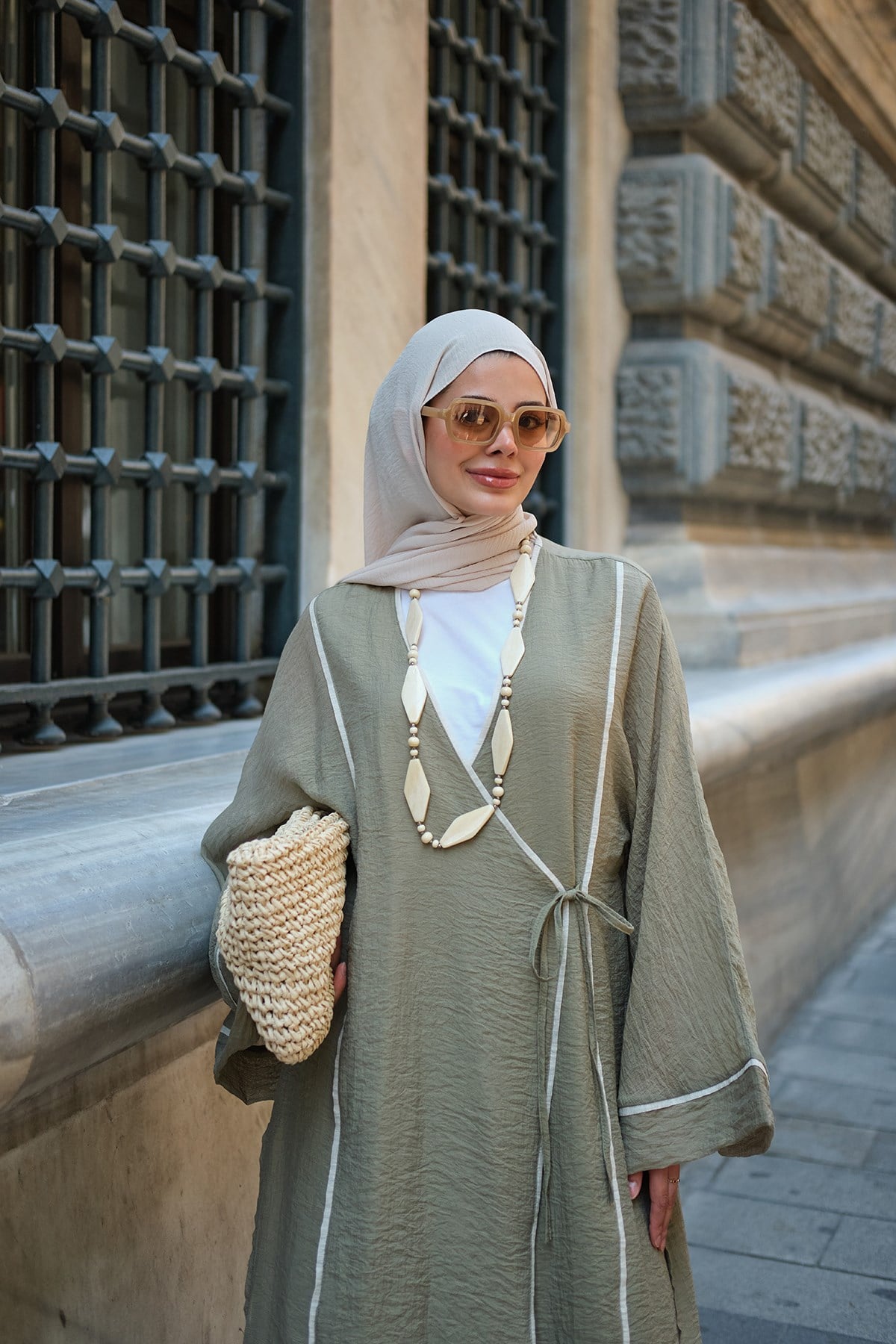 Şerit Detay Bel Bağlamalı Tül Kimono Takım Haki Yeşil