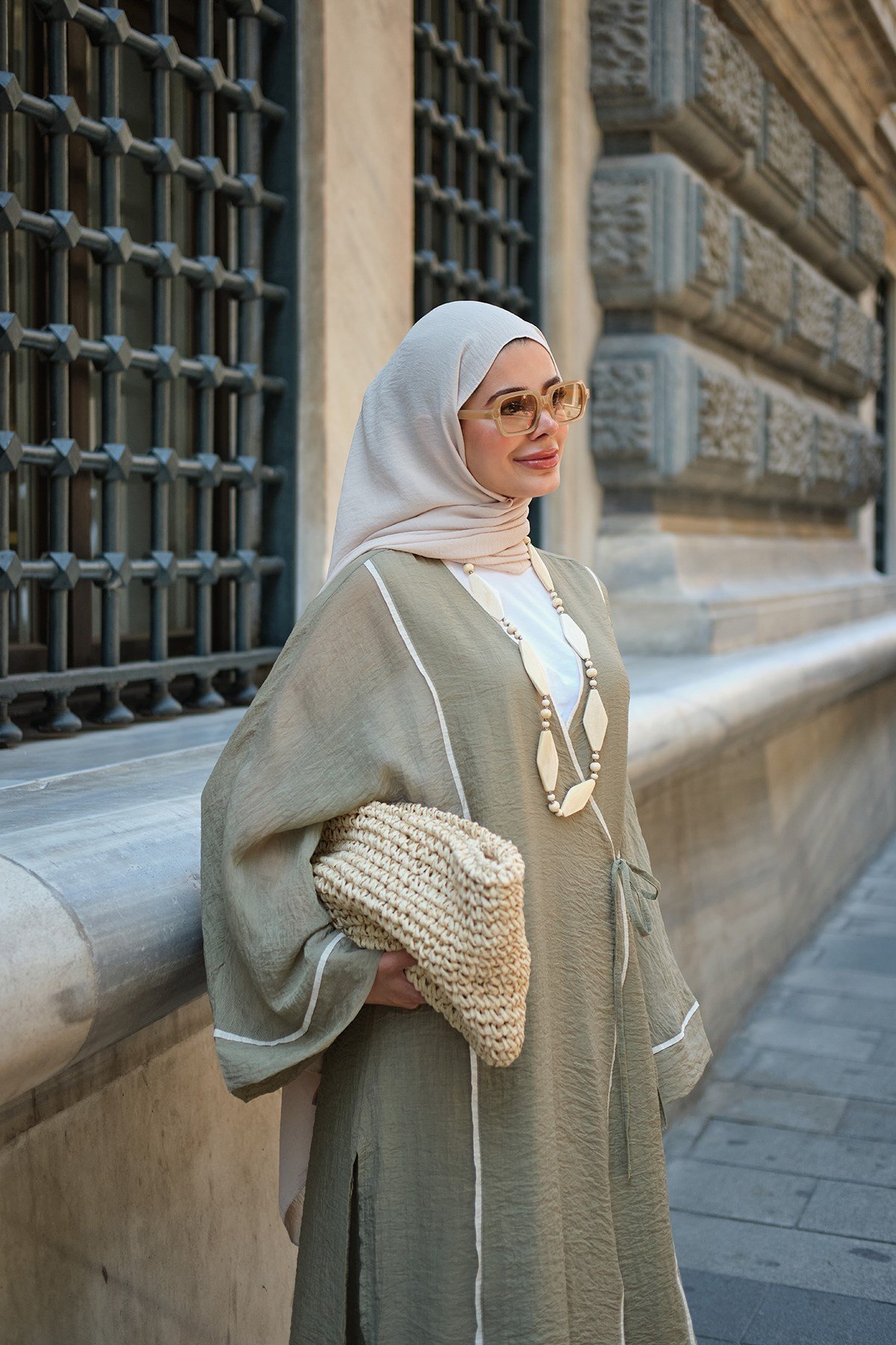 Şerit Detay Bel Bağlamalı Tül Kimono Takım Haki Yeşil