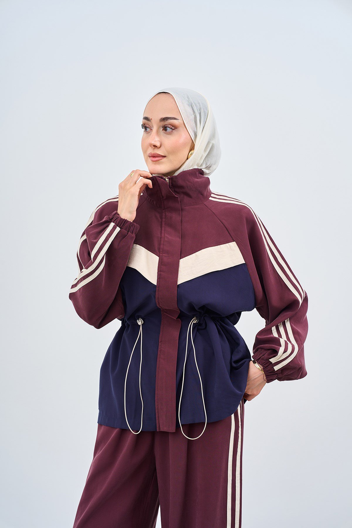 Şerit Detay Beli Ayarlanabilir Gizli Fermuarlı Takım Bordo