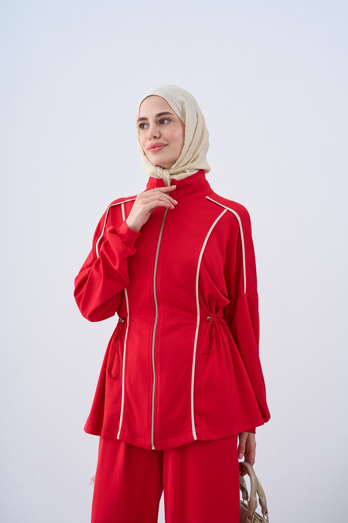 Şerit Detay Beli Ayarlanabilir Takım Kırmızı