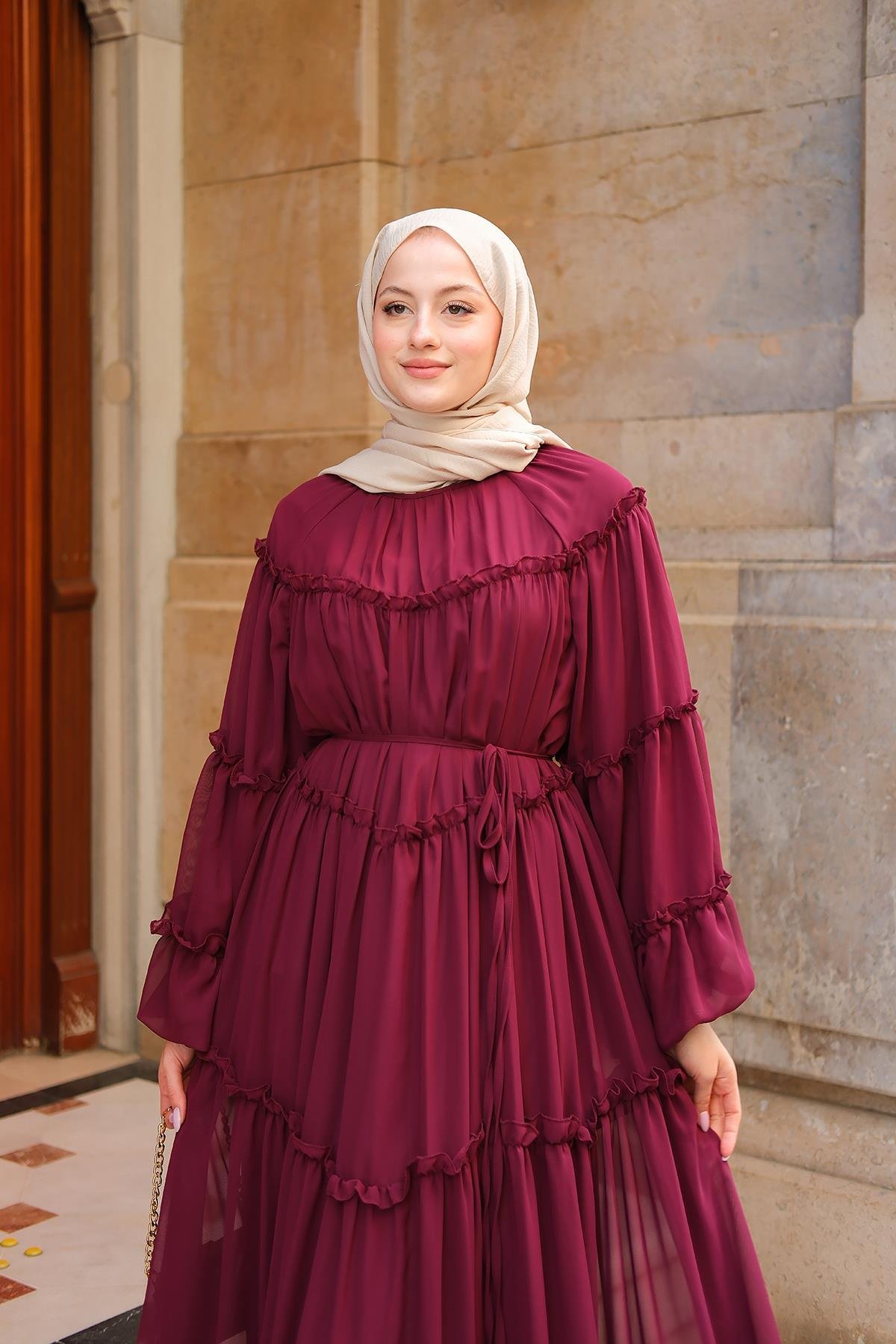 Şifon Fırfırlı Elbise Mürdüm