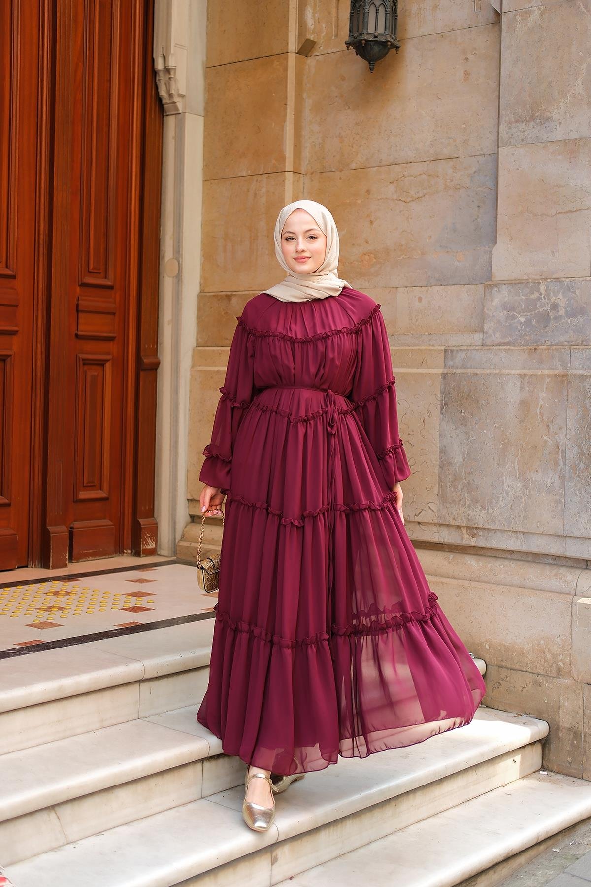 Şifon Fırfırlı Elbise Mürdüm