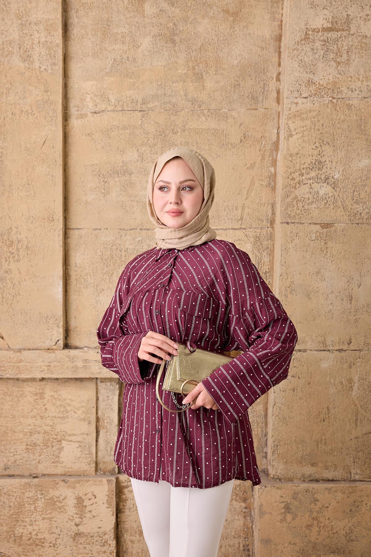 Simetrik Desen Bel Bağlamalı Gömlek Bordo