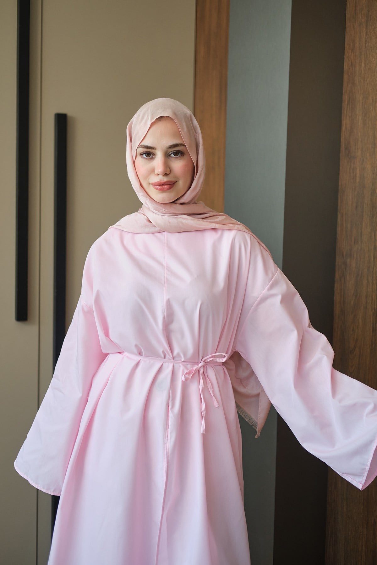 Sırt Fermuar Detay Bel Bağlamalı Uzun Tunik Pembe
