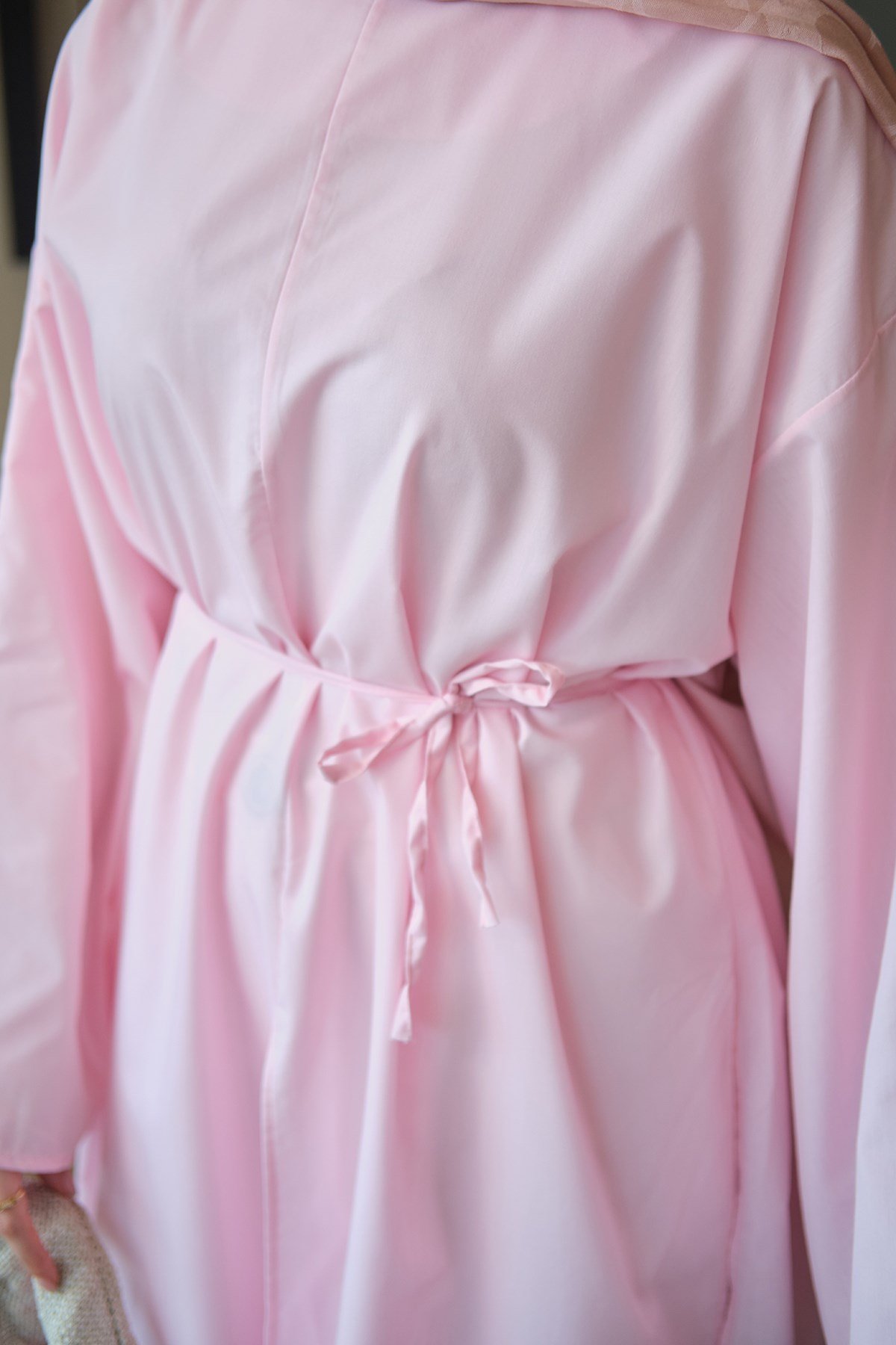 Sırt Fermuar Detay Bel Bağlamalı Uzun Tunik Pembe