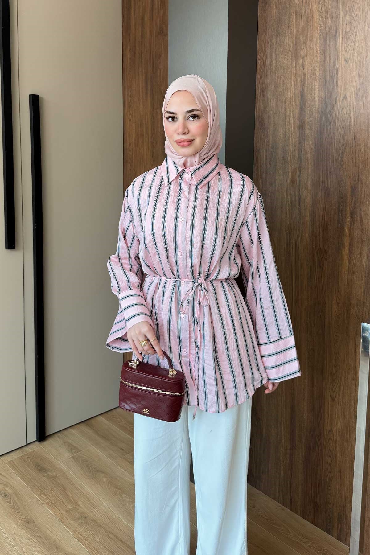 Siyah Çizgili Balon Kol Gömlek Pembe