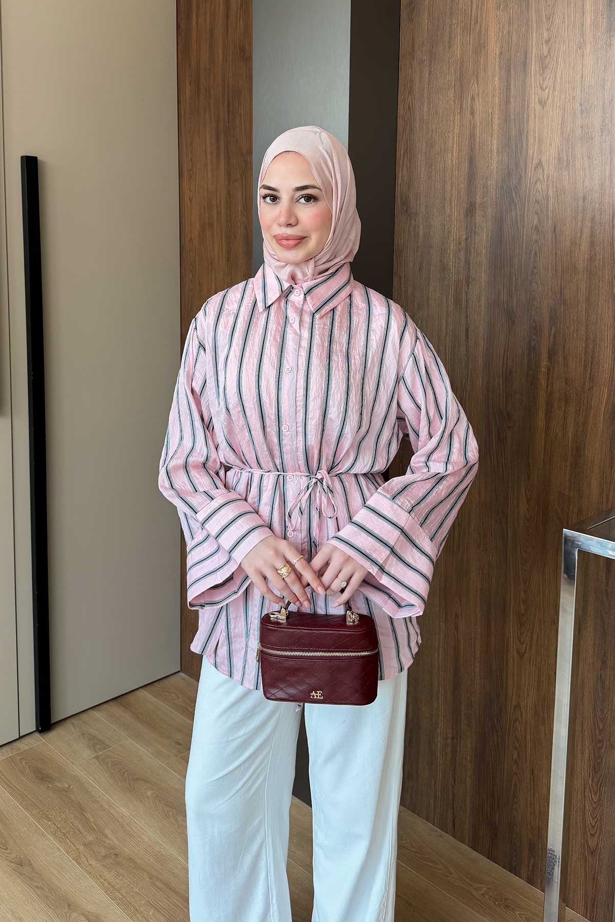 Siyah Çizgili Balon Kol Gömlek Pembe