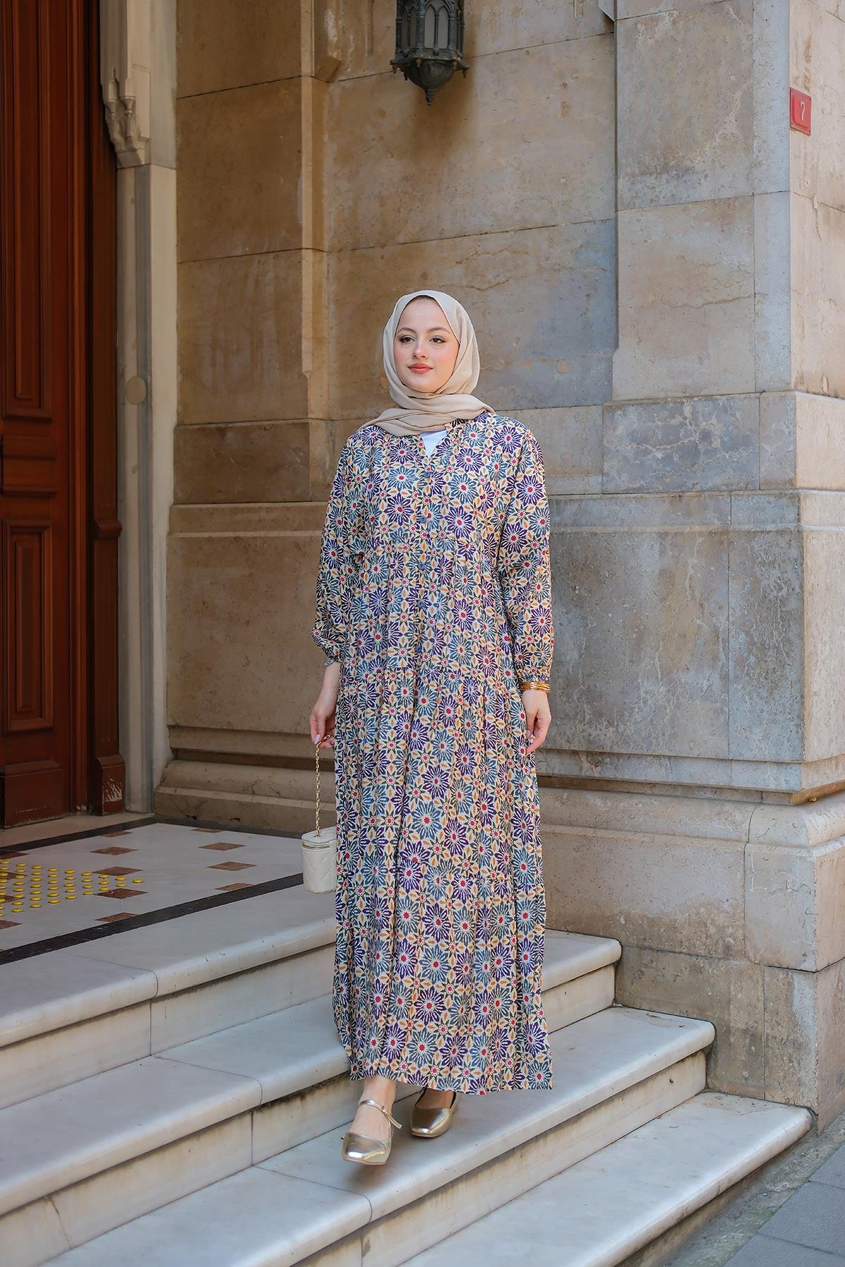 Stilize Çiçek Desenli Elbise Lacivert