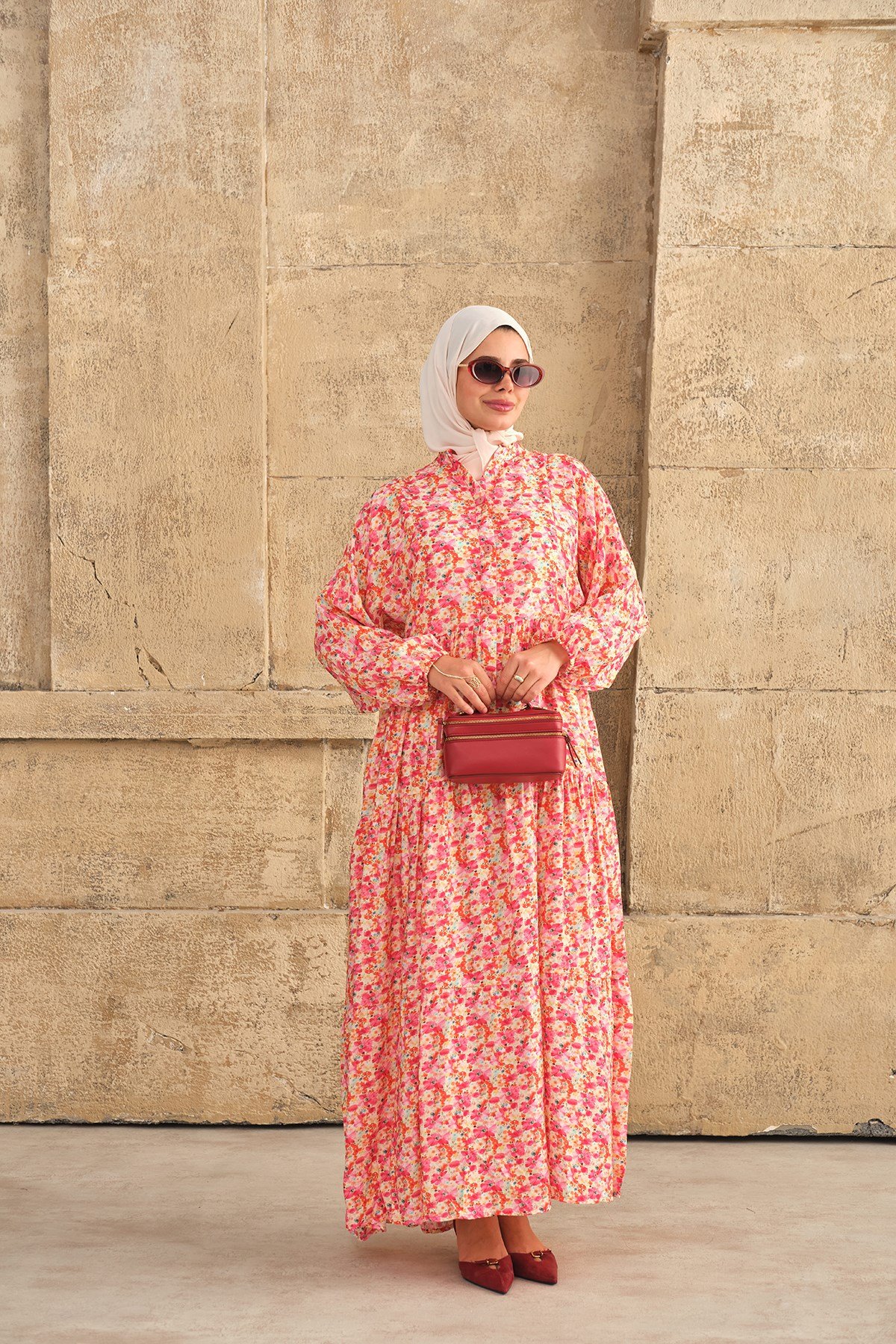 Sulu Boya Çiçek Desenli Elbise Pembe