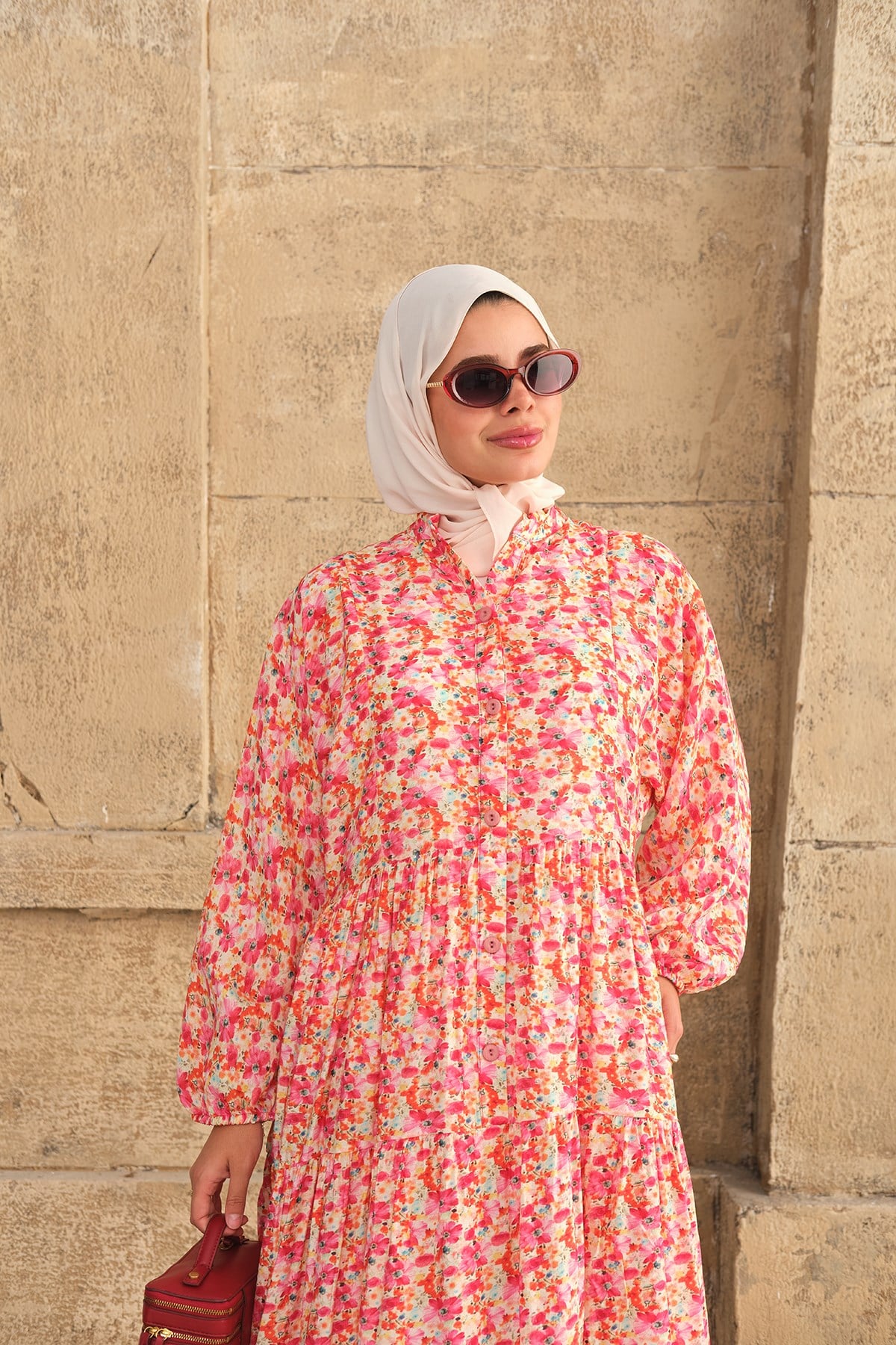 Sulu Boya Çiçek Desenli Elbise Pembe