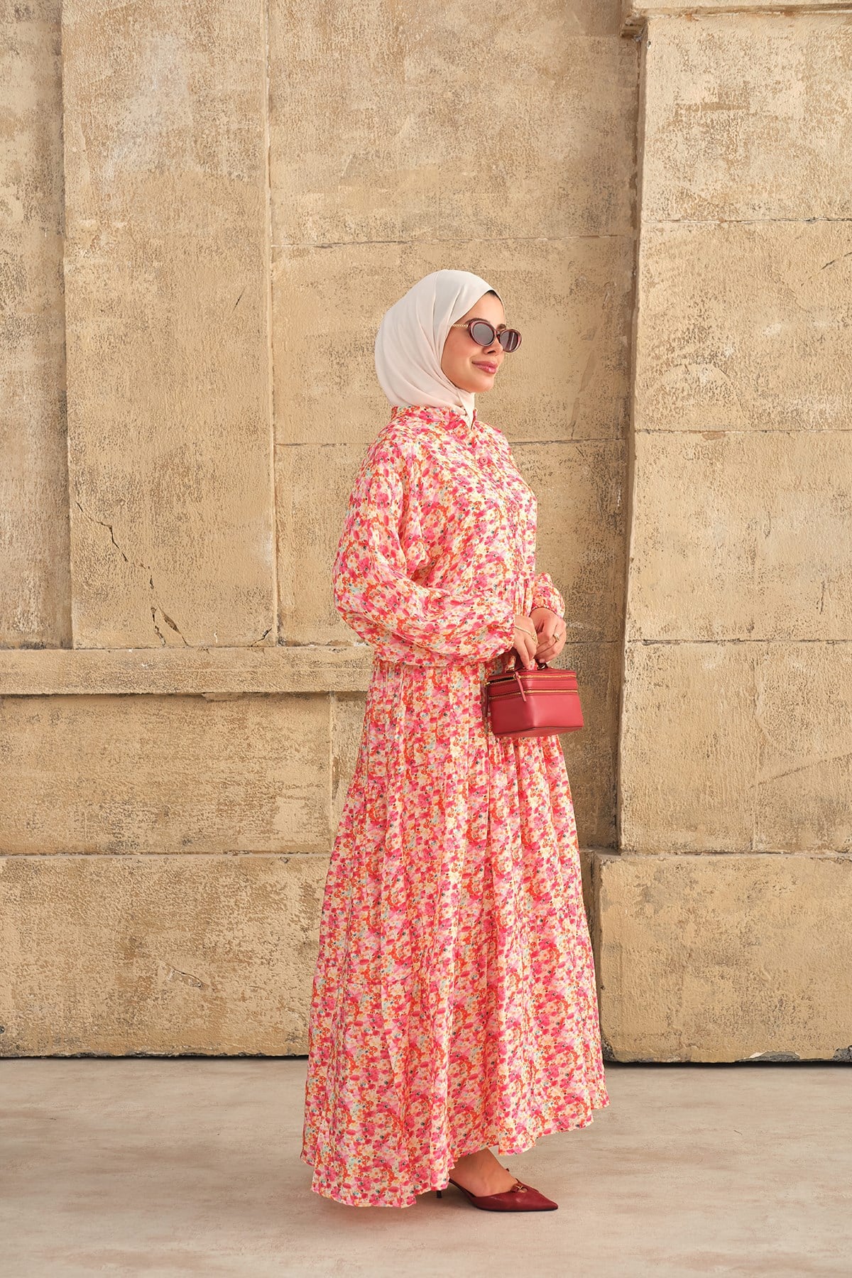 Sulu Boya Çiçek Desenli Elbise Pembe
