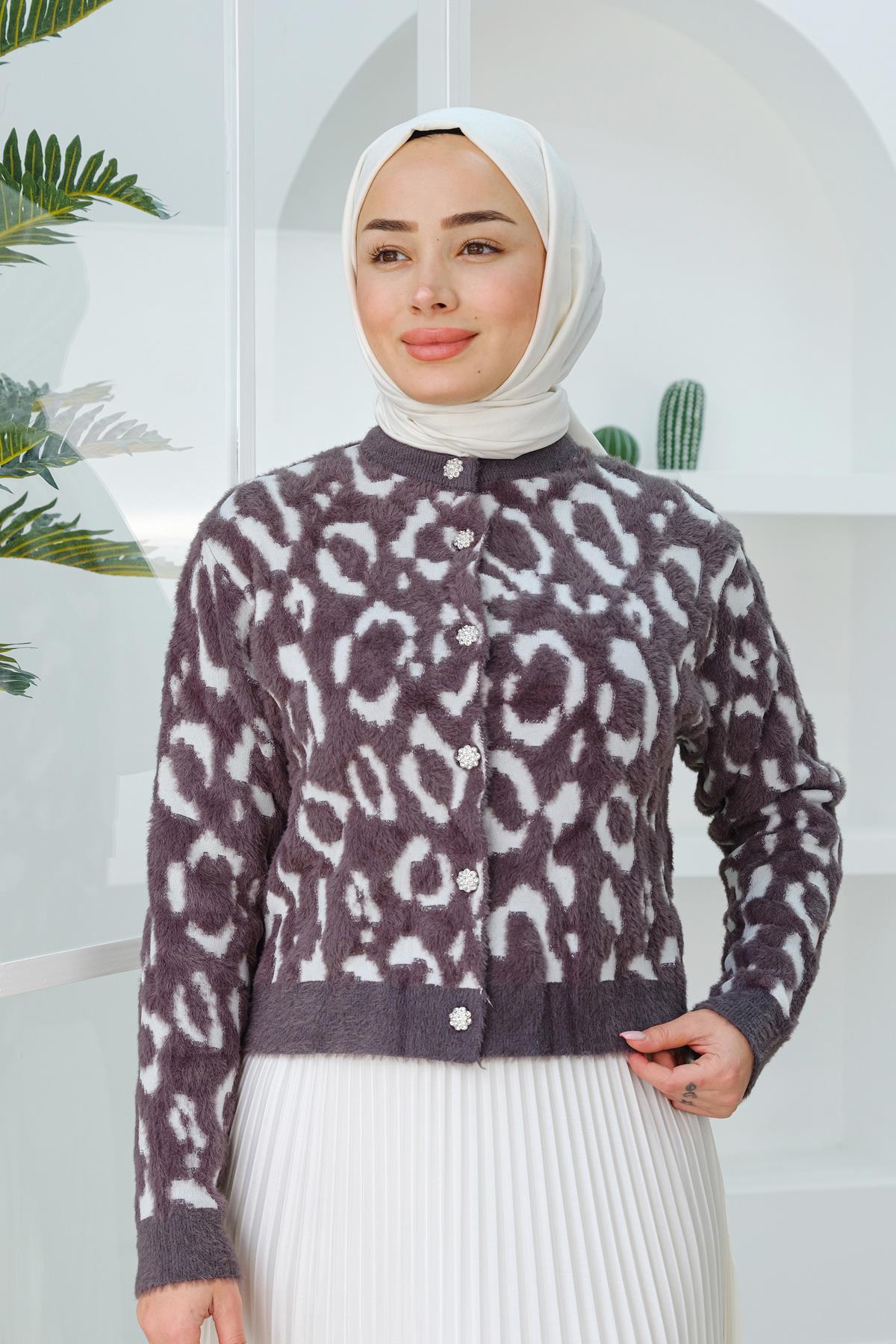 Taş Düğme Detaylı Peluş Hırka Antrasit