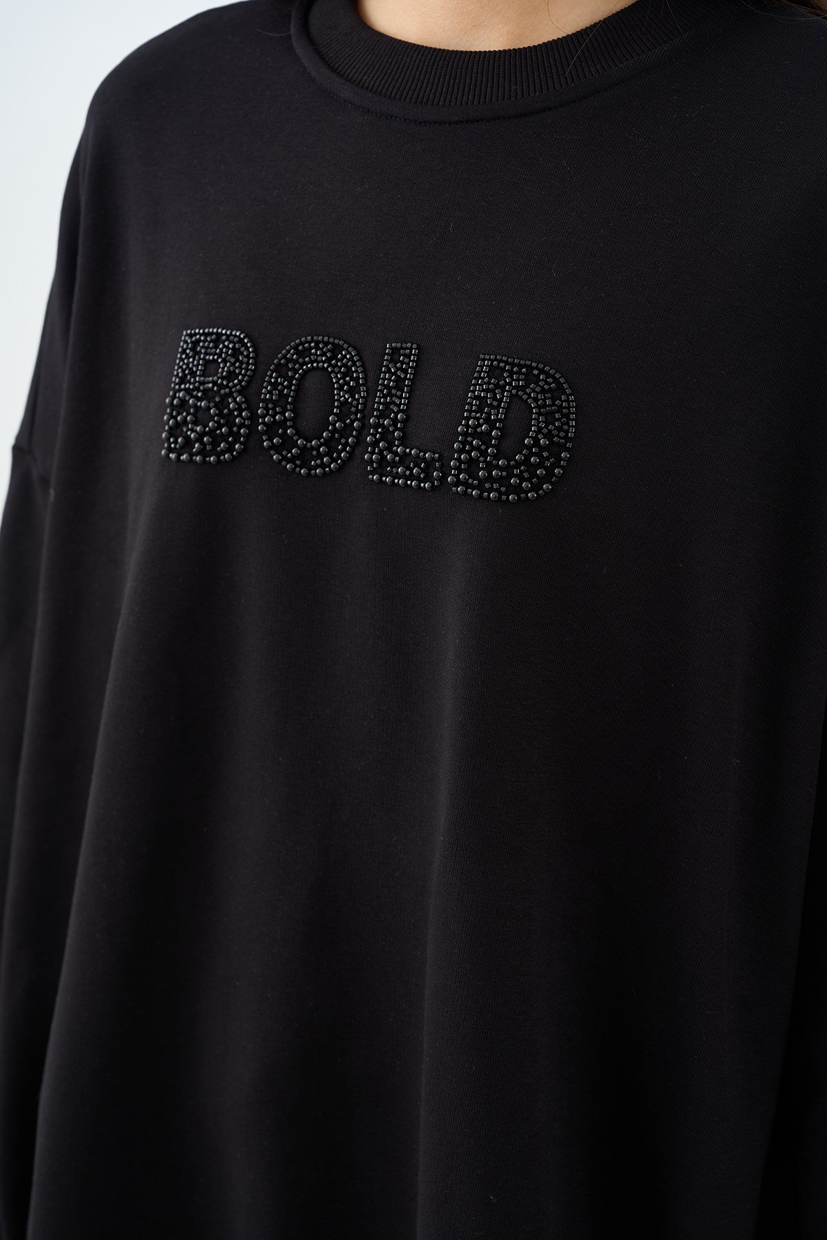 Taş İşlemeli Bisiklet Yaka Sweatshirt Siyah