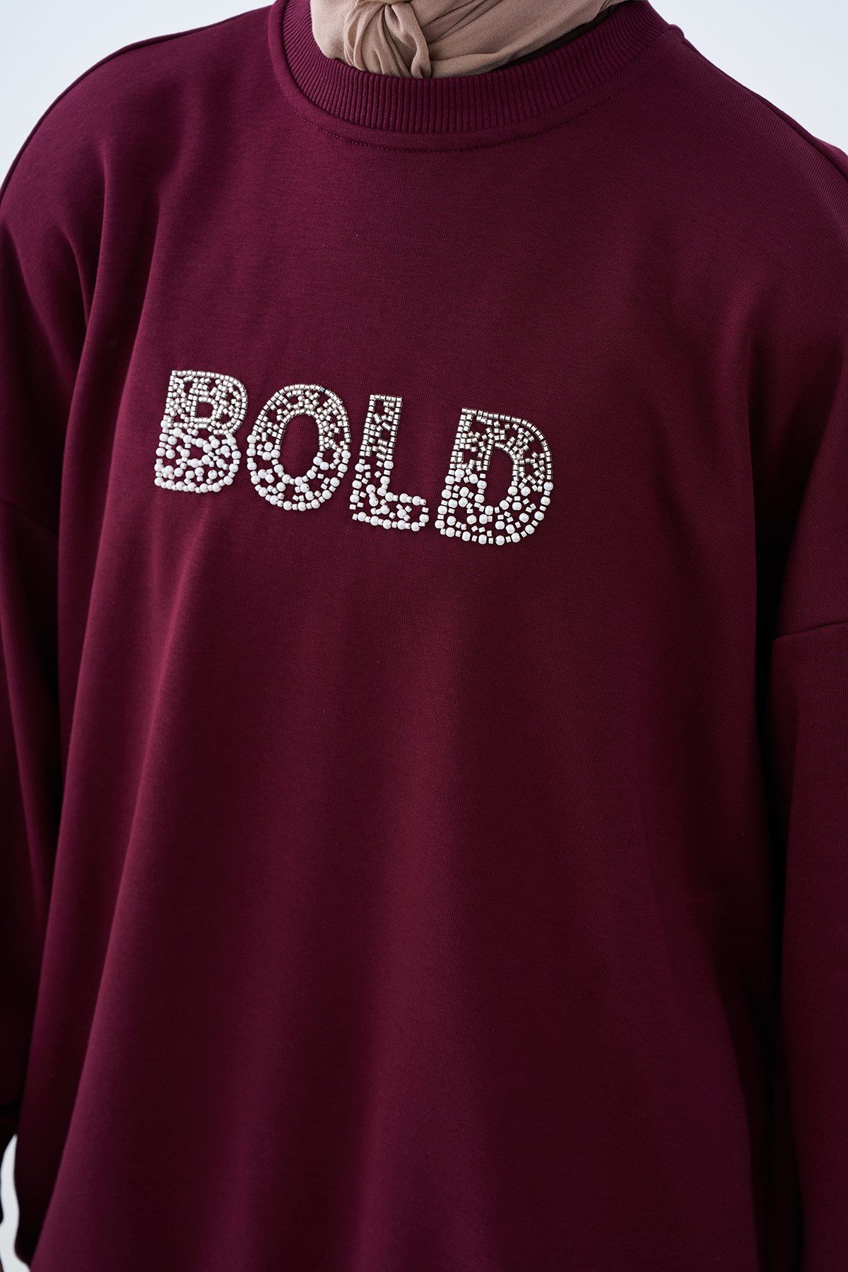 Taş İşlemeli Bisiklet Yaka Sweatshirt Mor