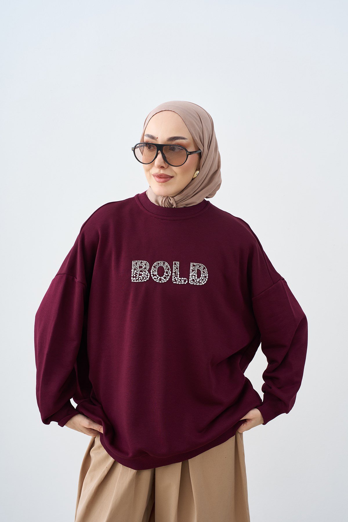 Taş İşlemeli Bisiklet Yaka Sweatshirt Mor