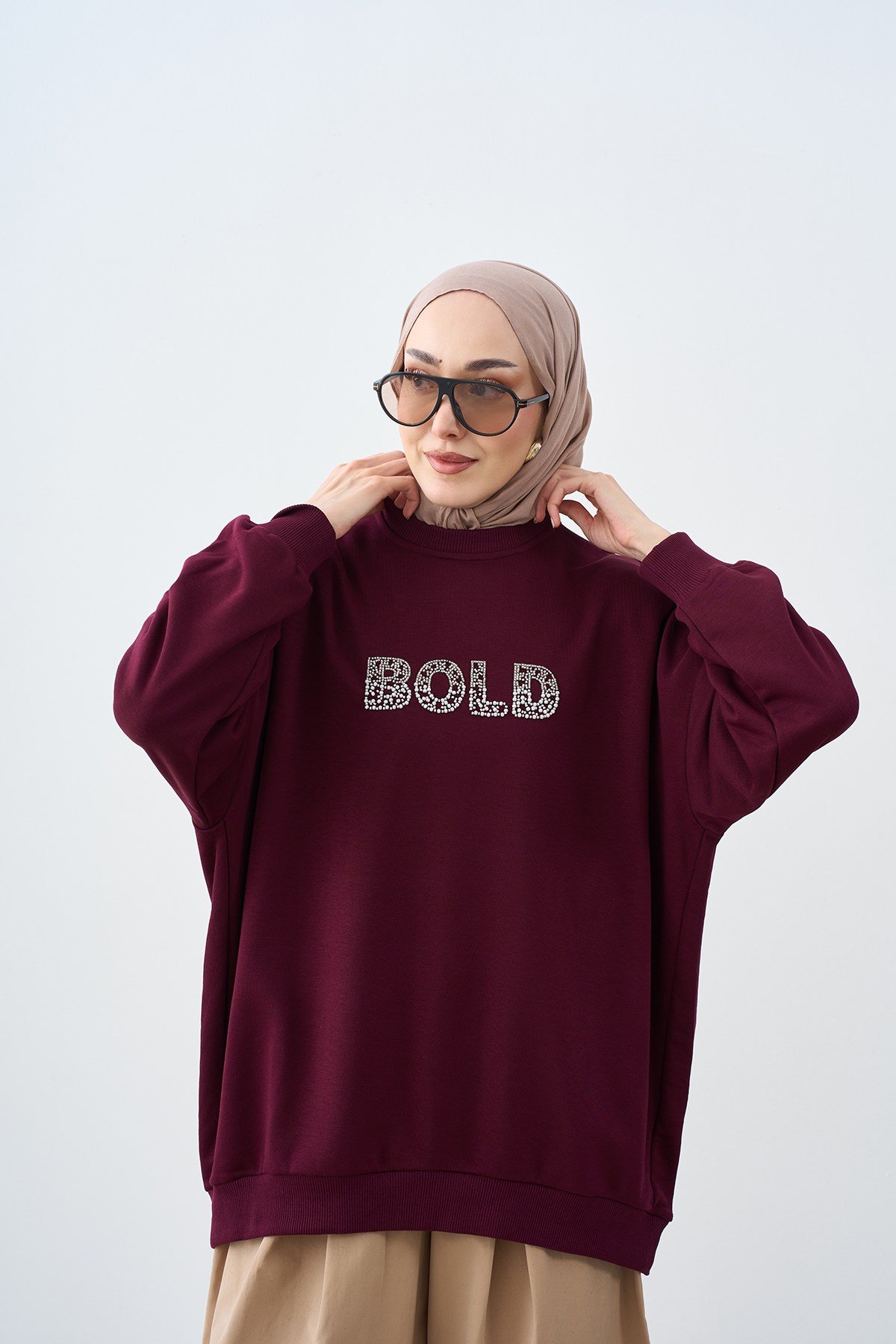 Taş İşlemeli Bisiklet Yaka Sweatshirt Mor