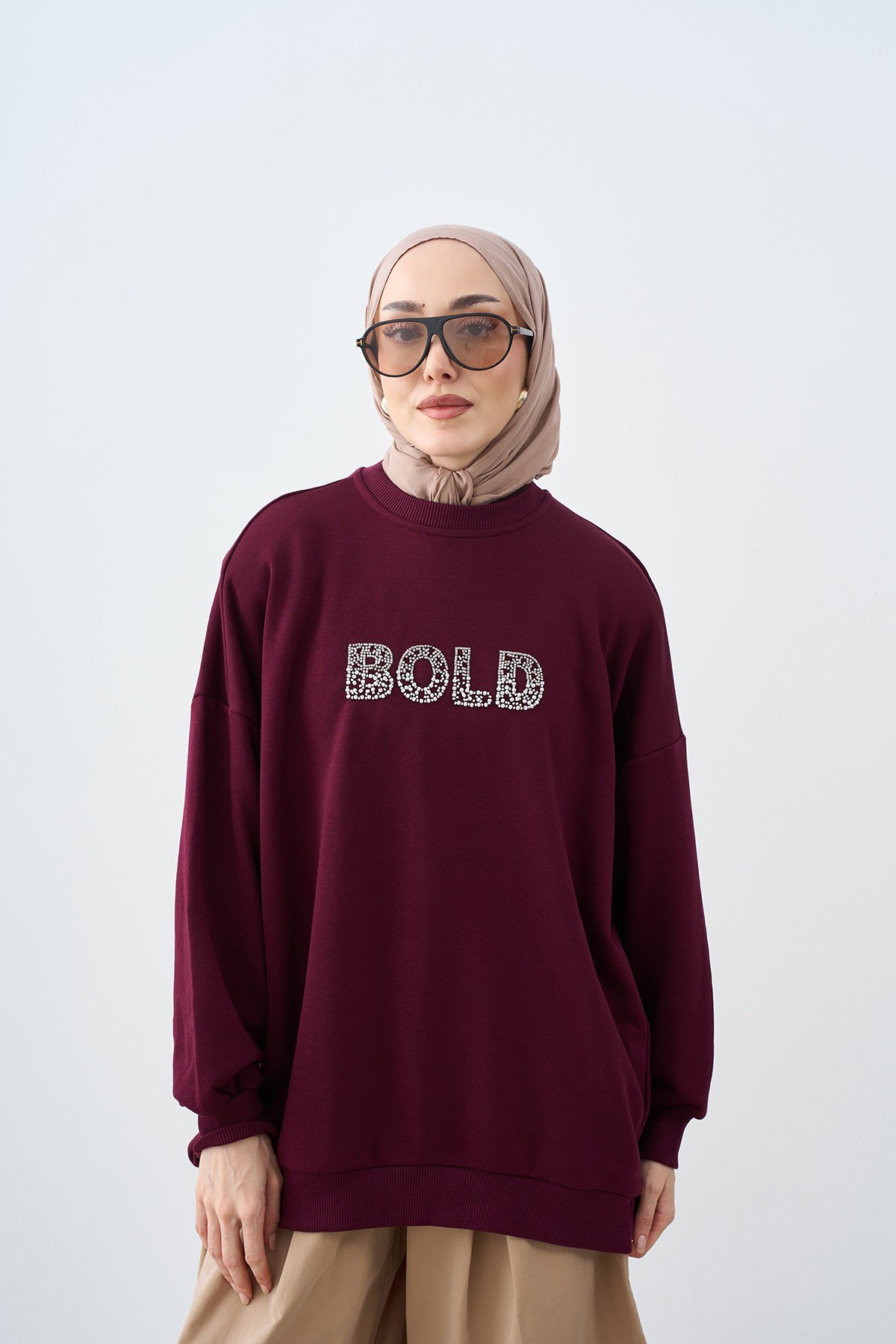 Taş İşlemeli Bisiklet Yaka Sweatshirt Mor