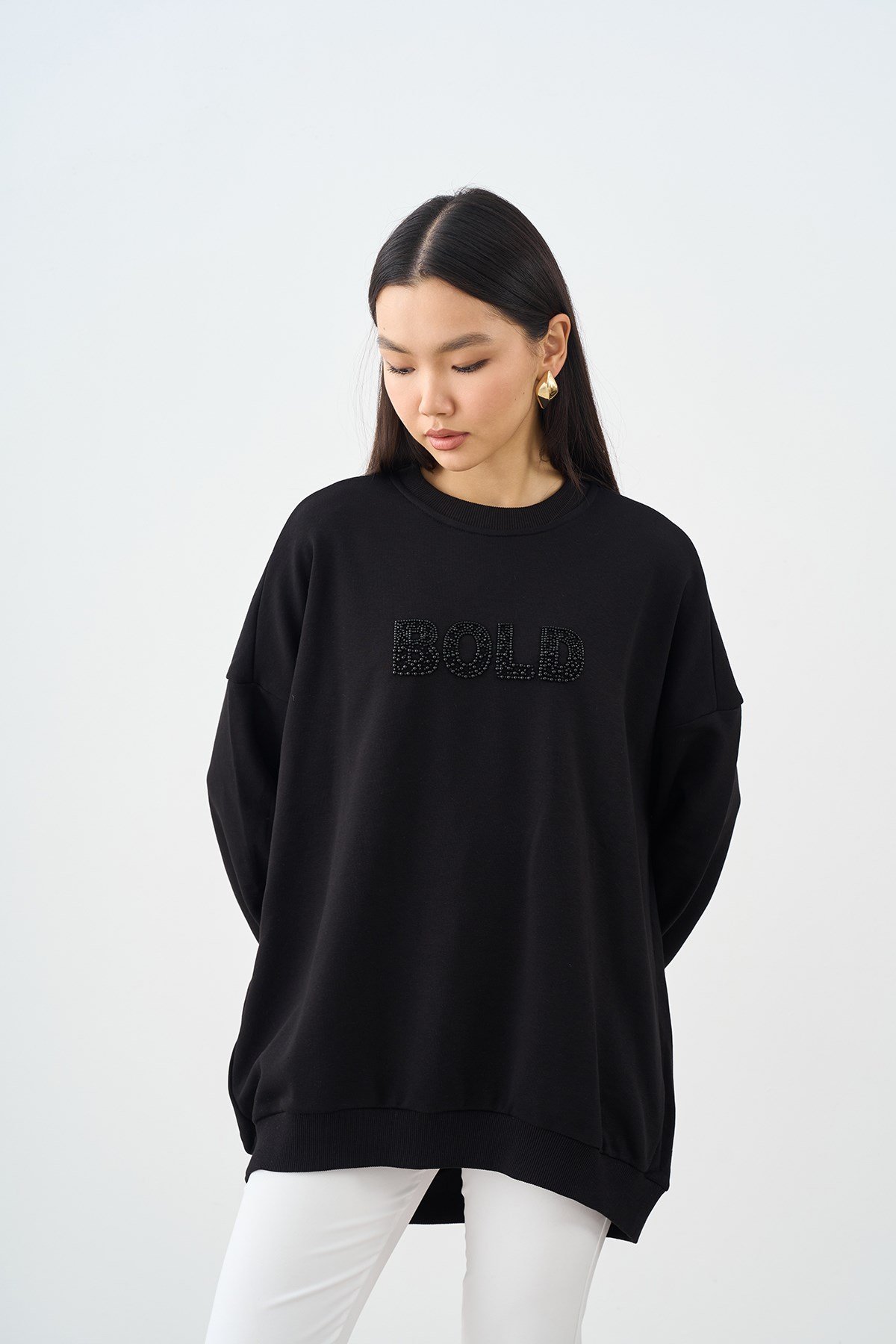 Taş İşlemeli Bisiklet Yaka Sweatshirt Siyah