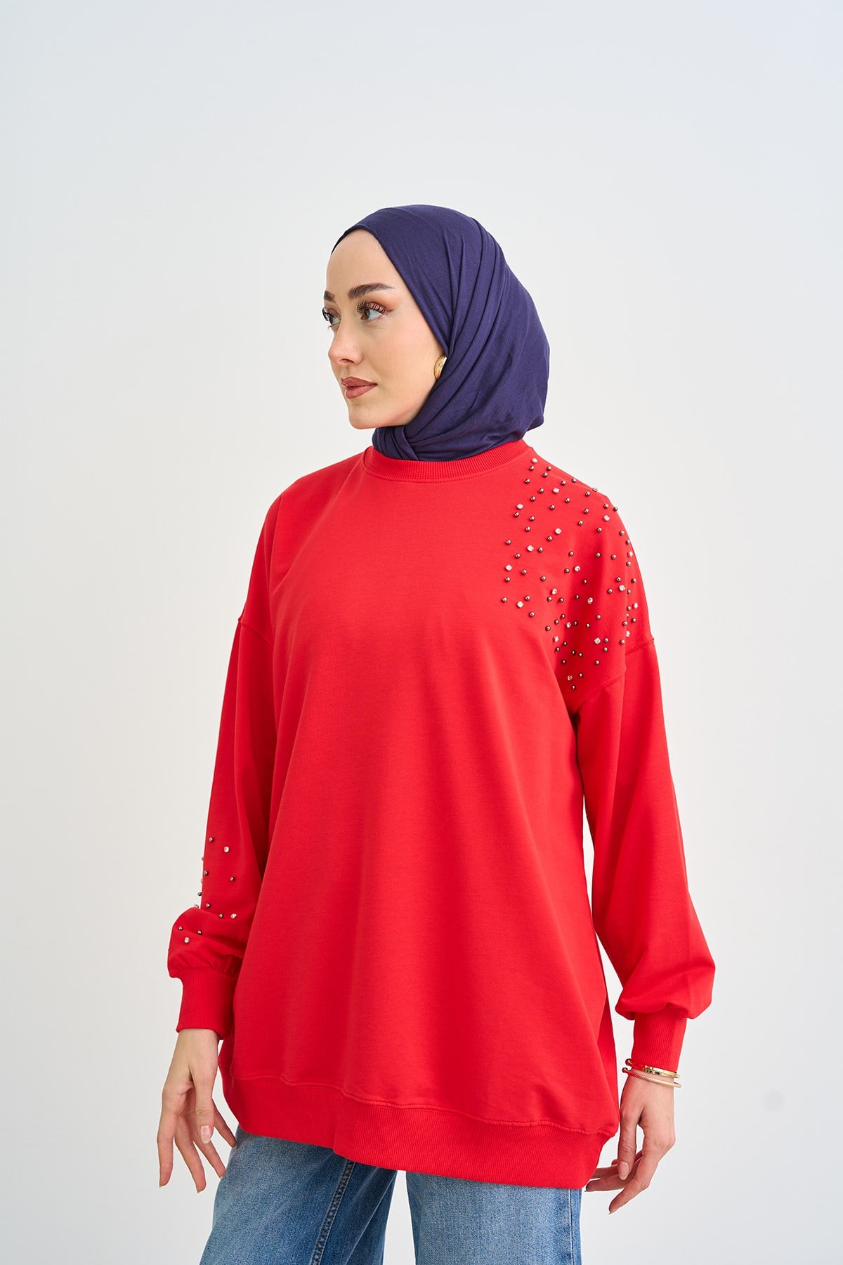 Taş Ve İnci Detaylı Sweatshirt Kırmızı