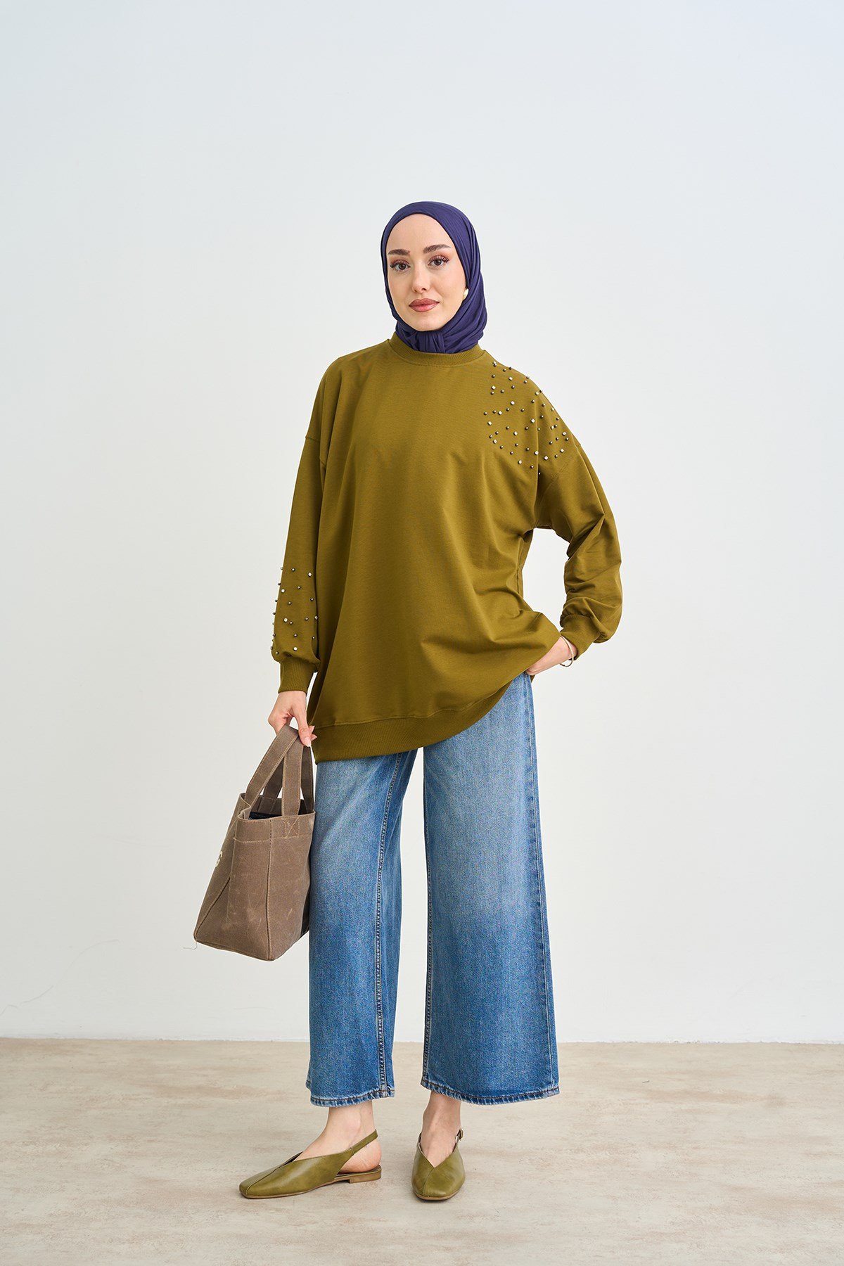 Taş Ve İnci Detaylı Sweatshirt Yağ Yeşil