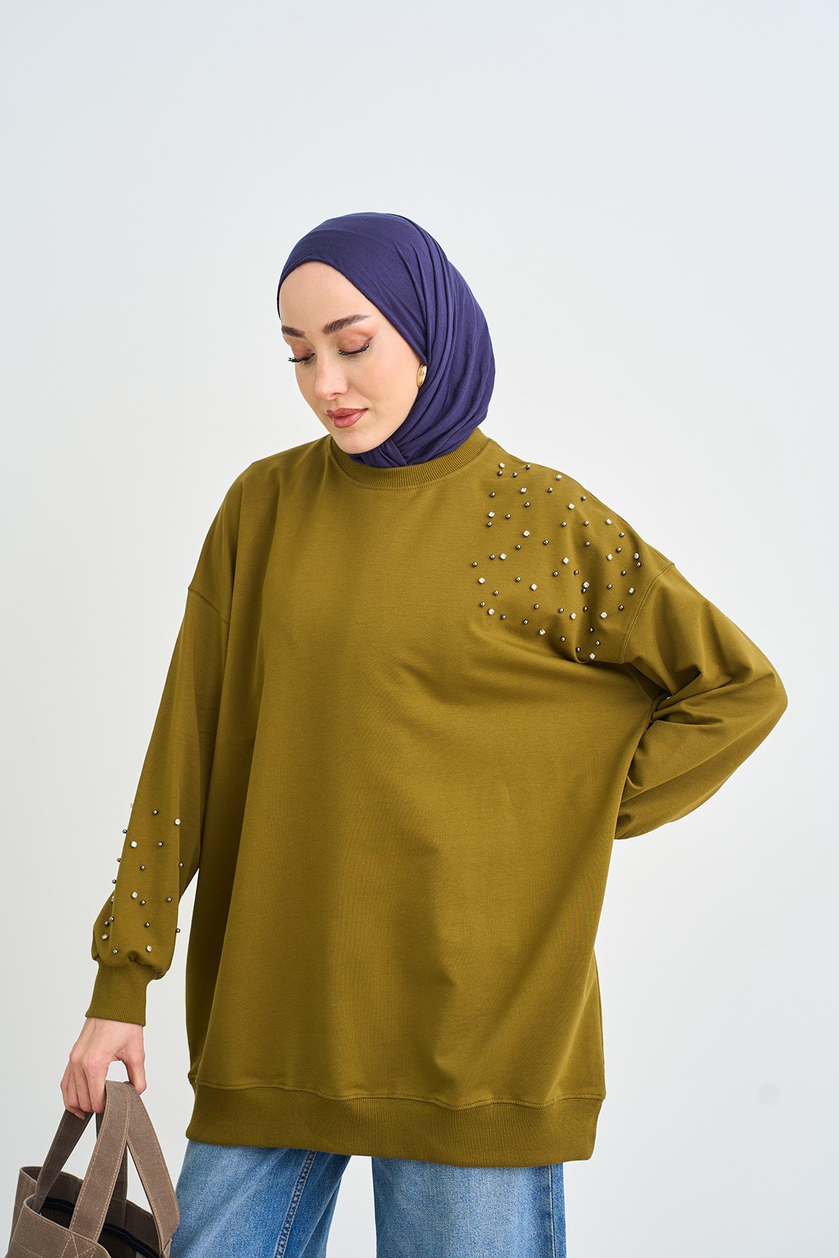 Taş Ve İnci Detaylı Sweatshirt Yağ Yeşil