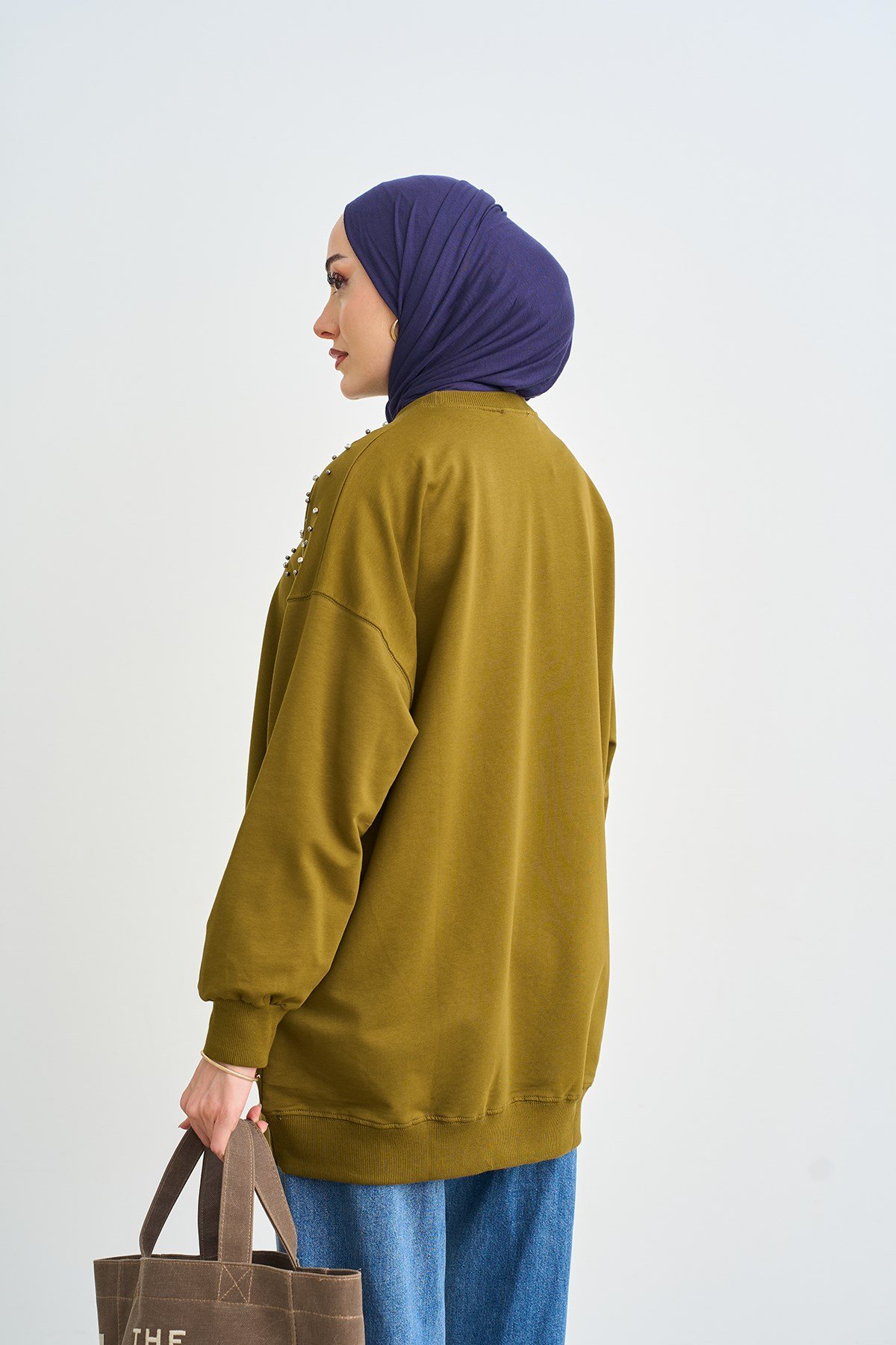 Taş Ve İnci Detaylı Sweatshirt Yağ Yeşil