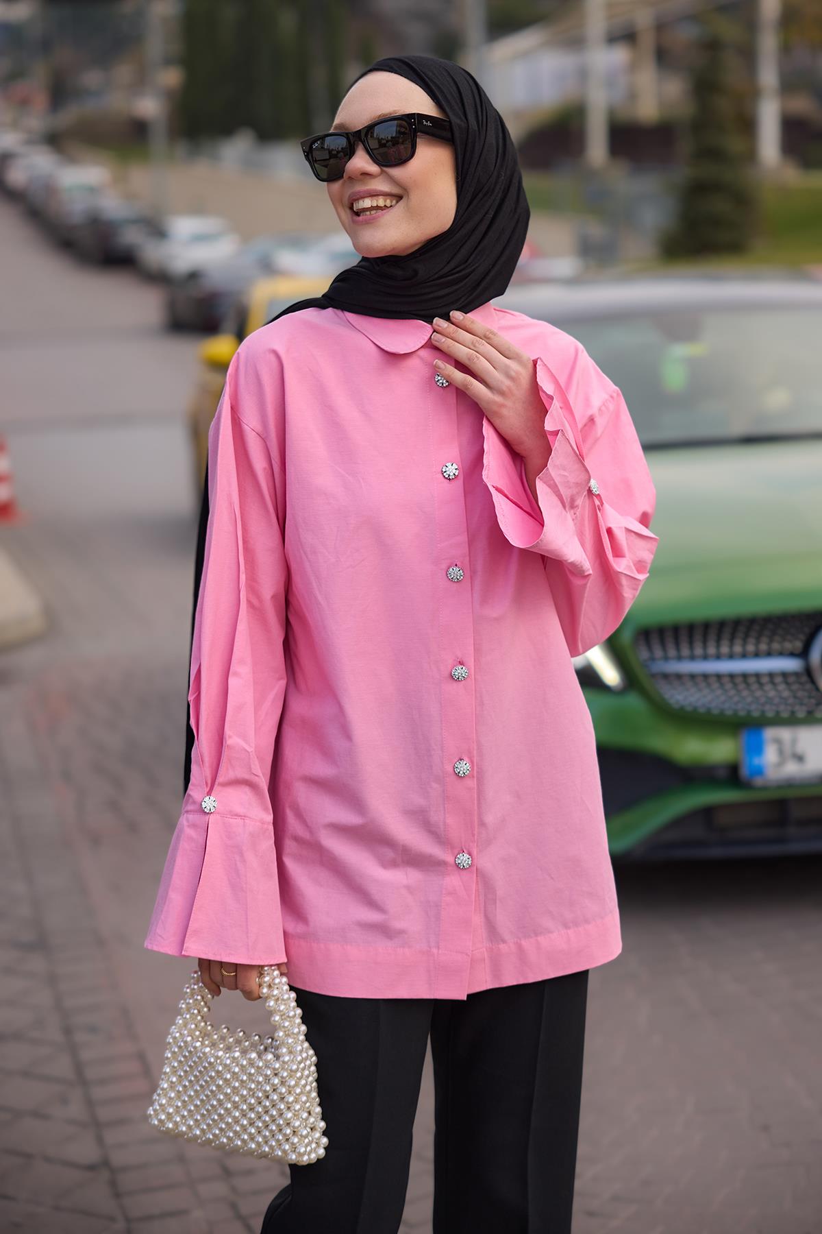 Tasarım Düğme Detaylı Tunik Pembe