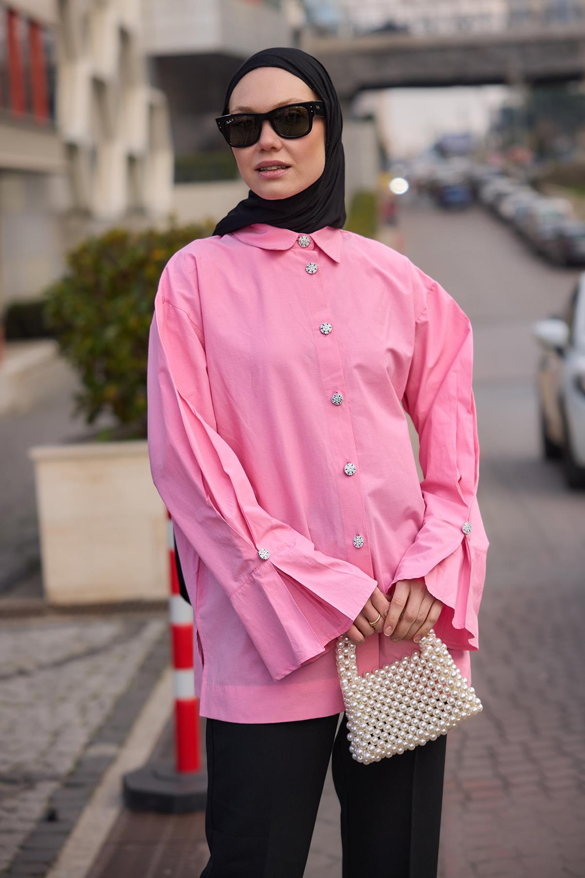 Tasarım Düğme Detaylı Tunik Pembe