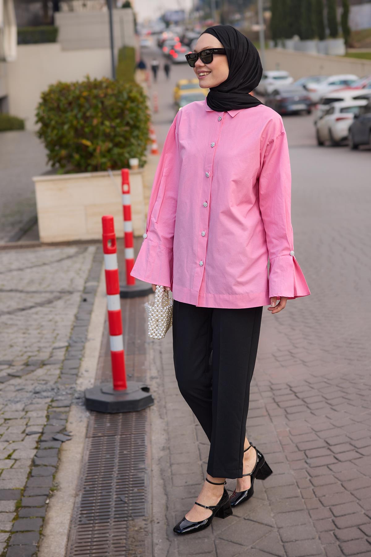 Tasarım Düğme Detaylı Tunik Pembe