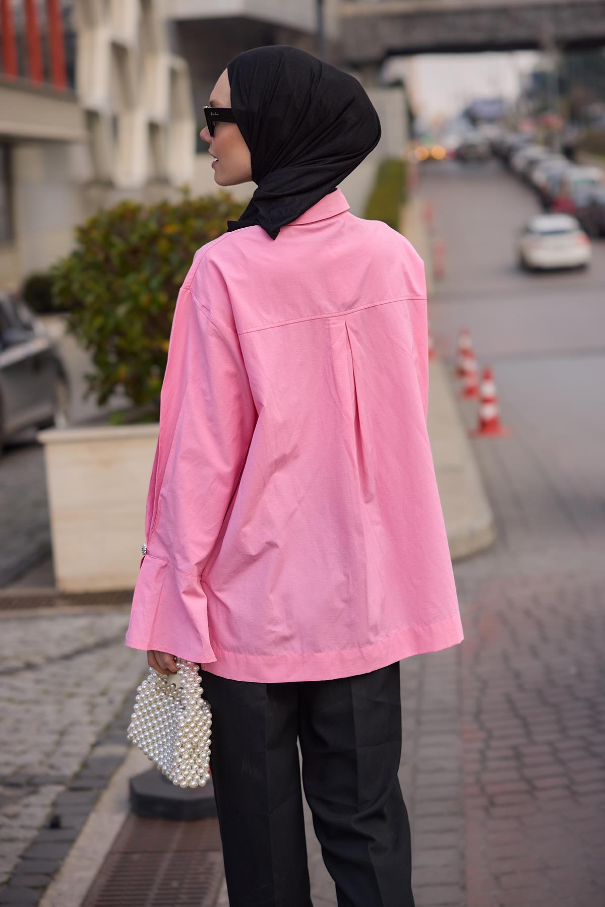 Tasarım Düğme Detaylı Tunik Pembe