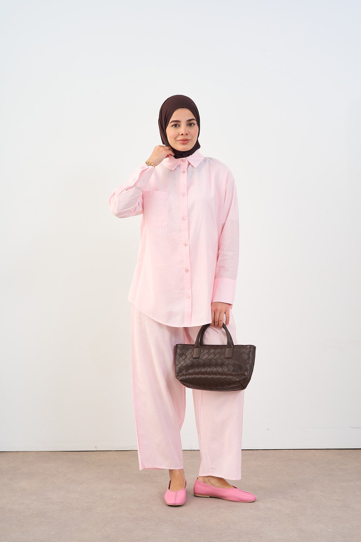 Tek Cep Detay Pantolon Beli Lastikli İkili Takım Pembe