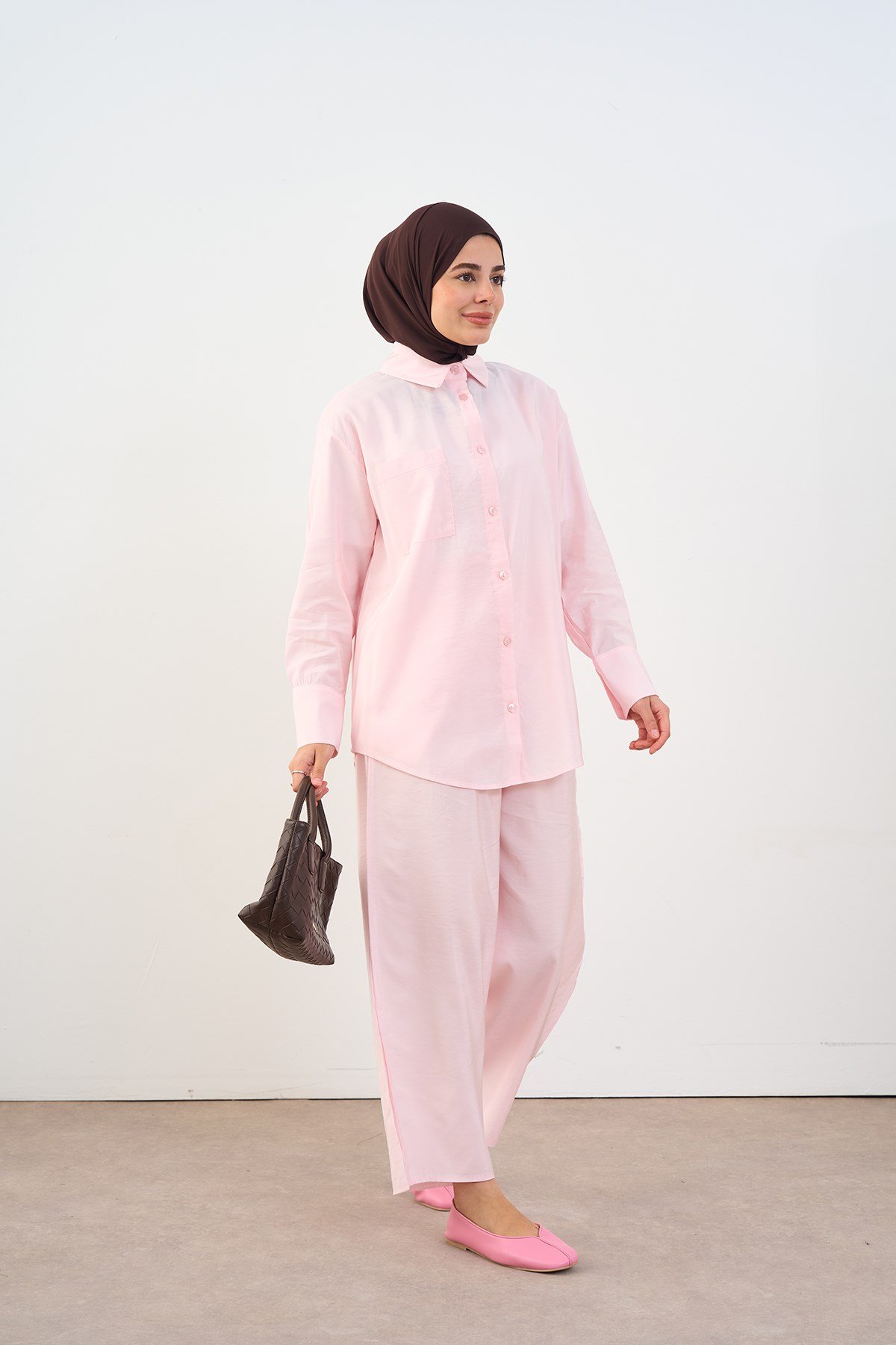 Tek Cep Detay Pantolon Beli Lastikli İkili Takım Pembe