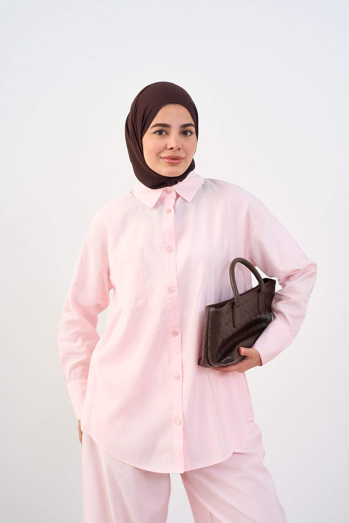 Tek Cep Detay Pantolon Beli Lastikli İkili Takım Pembe