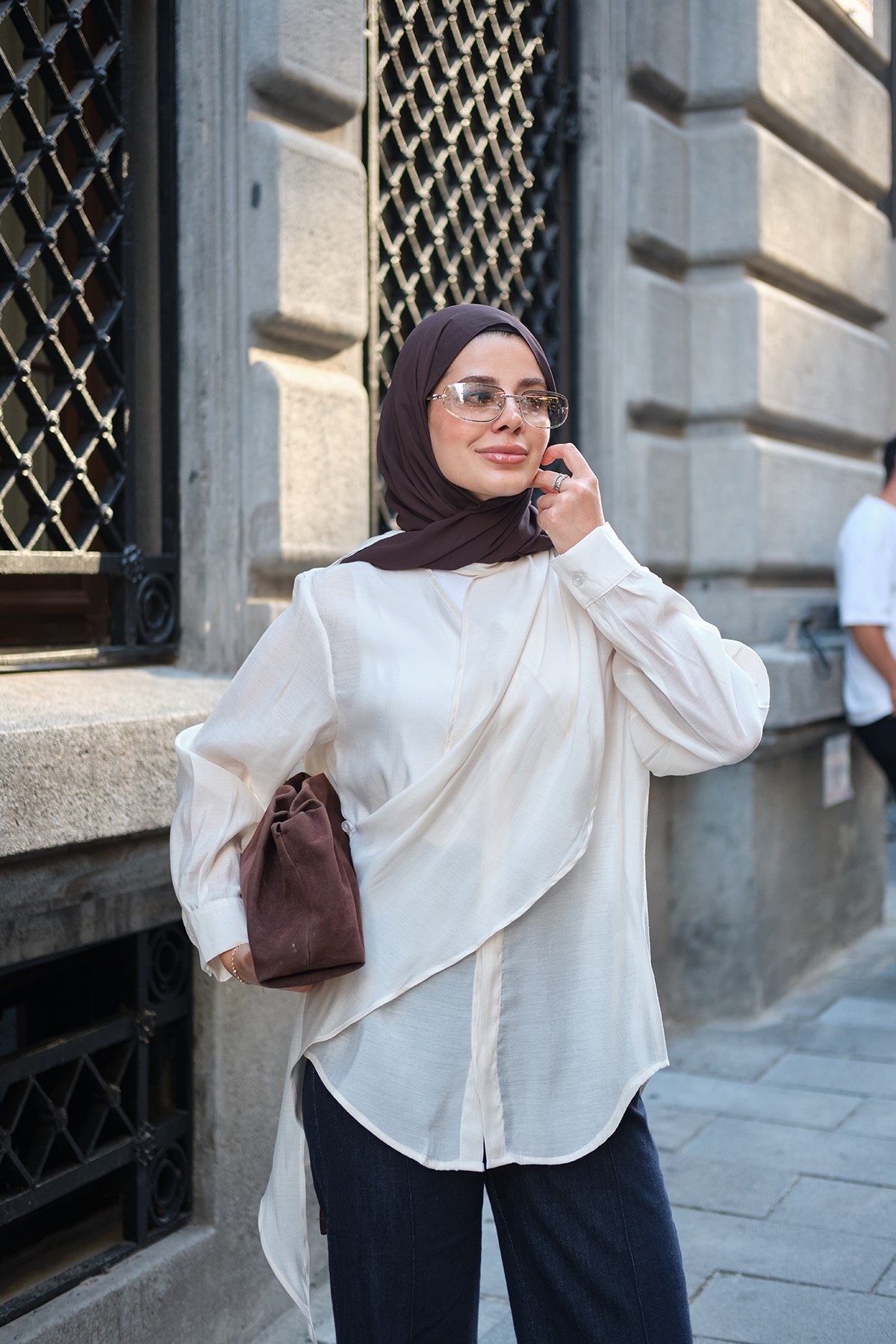 Tek Düğme Şal Detay Tül Tunik Krem