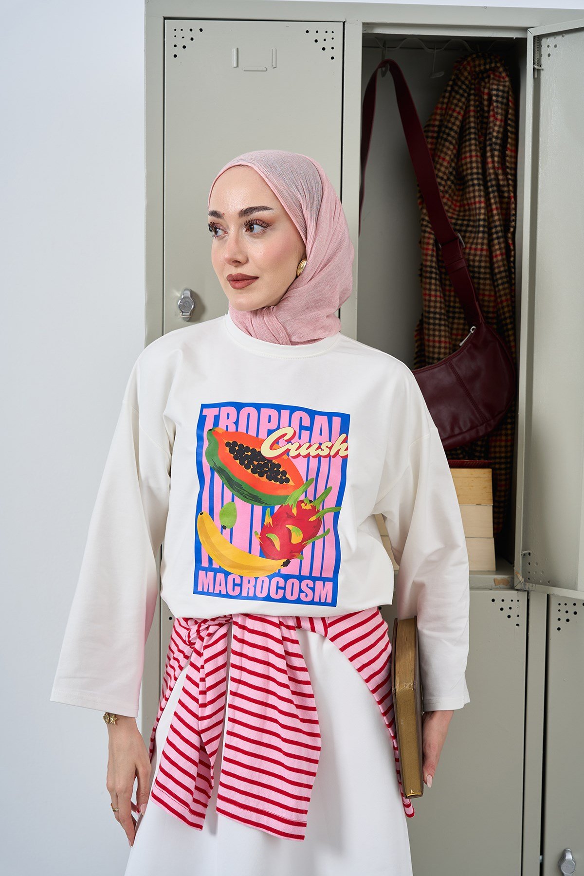 Tropical Desen Uzun Kollu Body Ekru
