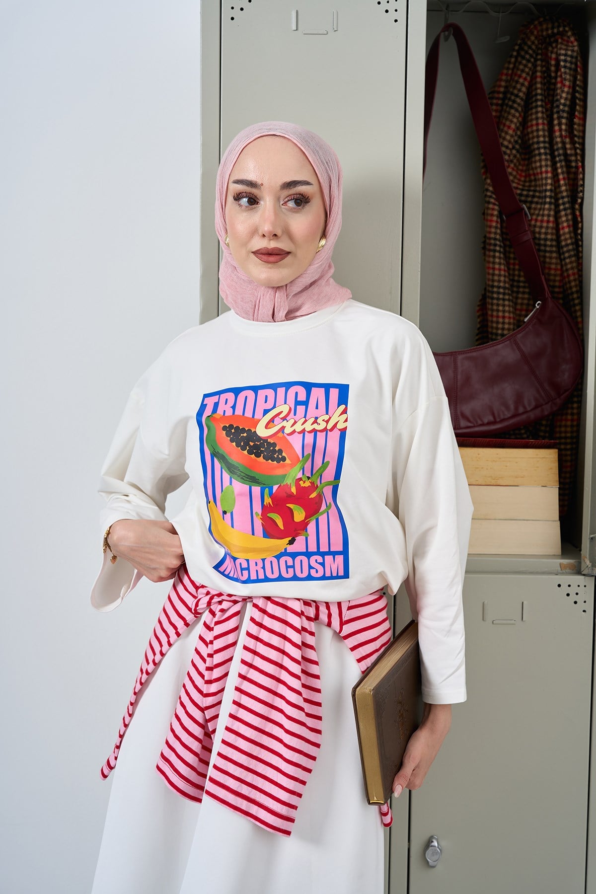 Tropical Desen Uzun Kollu Body Ekru