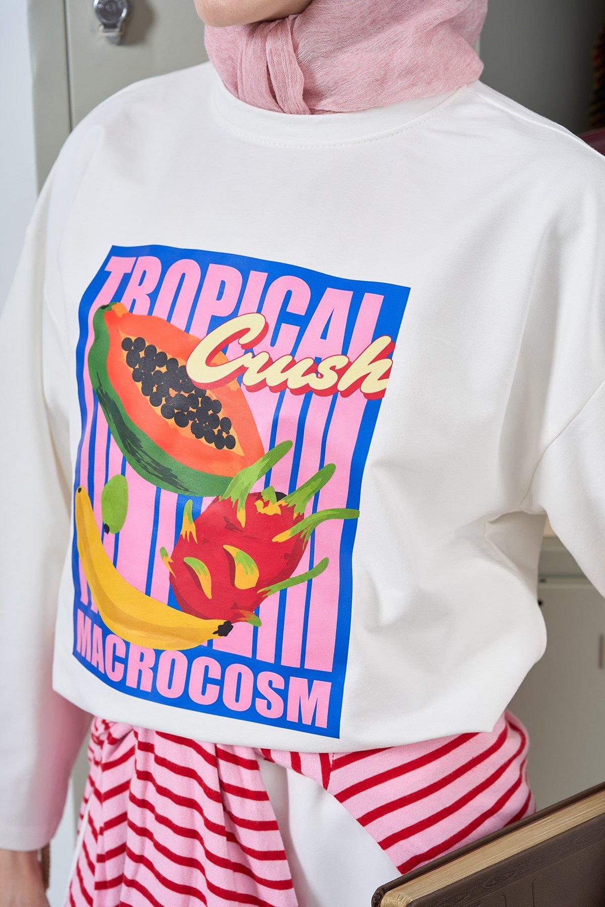 Tropical Desen Uzun Kollu Body Ekru