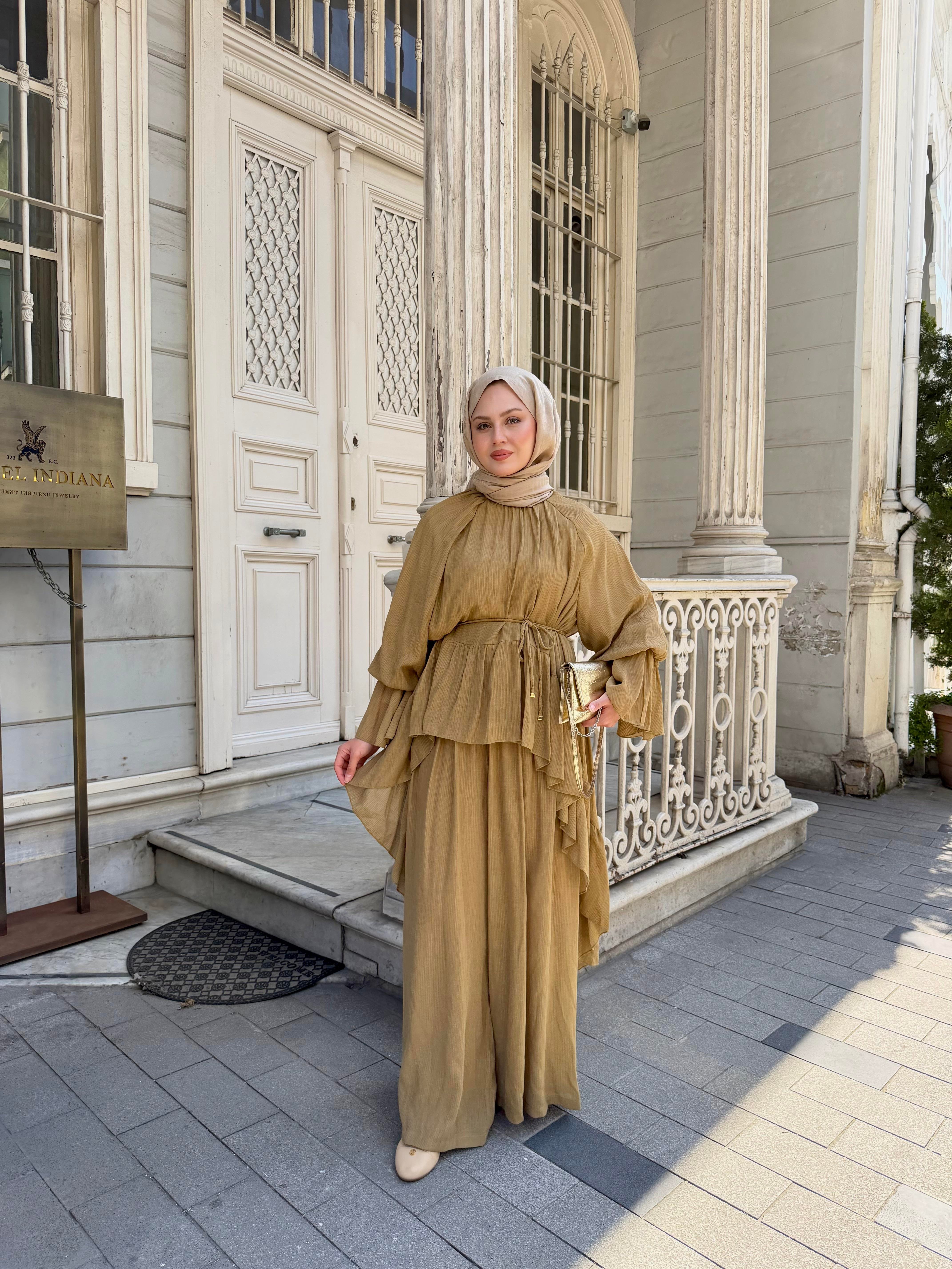Tül Detay Bel Bağlamalı Pantolonlu Takım Yağ Yeşil