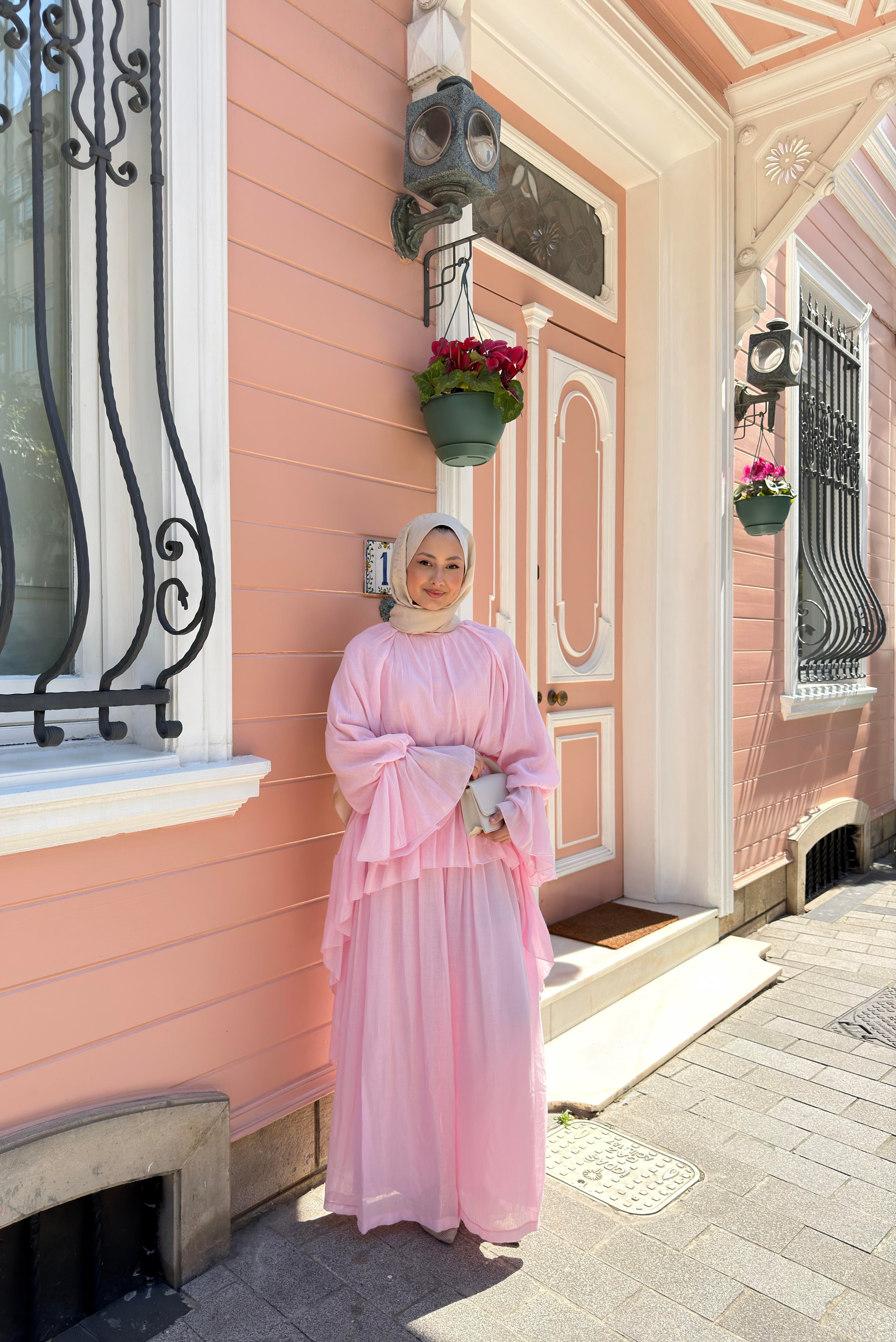 Tül Detay Bel Bağlamalı Pantolonlu Takım Pembe
