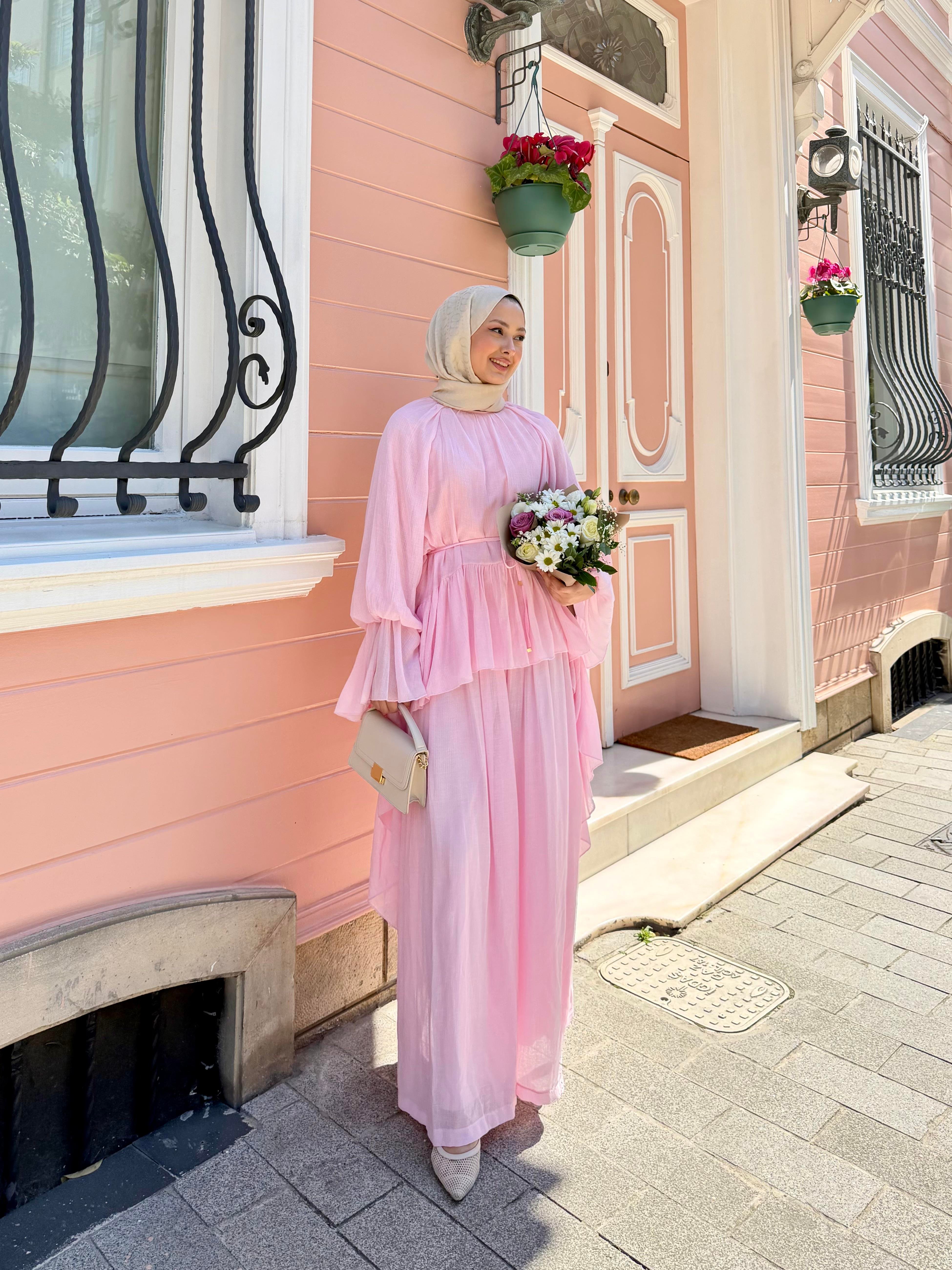 Tül Detay Bel Bağlamalı Pantolonlu Takım Pembe