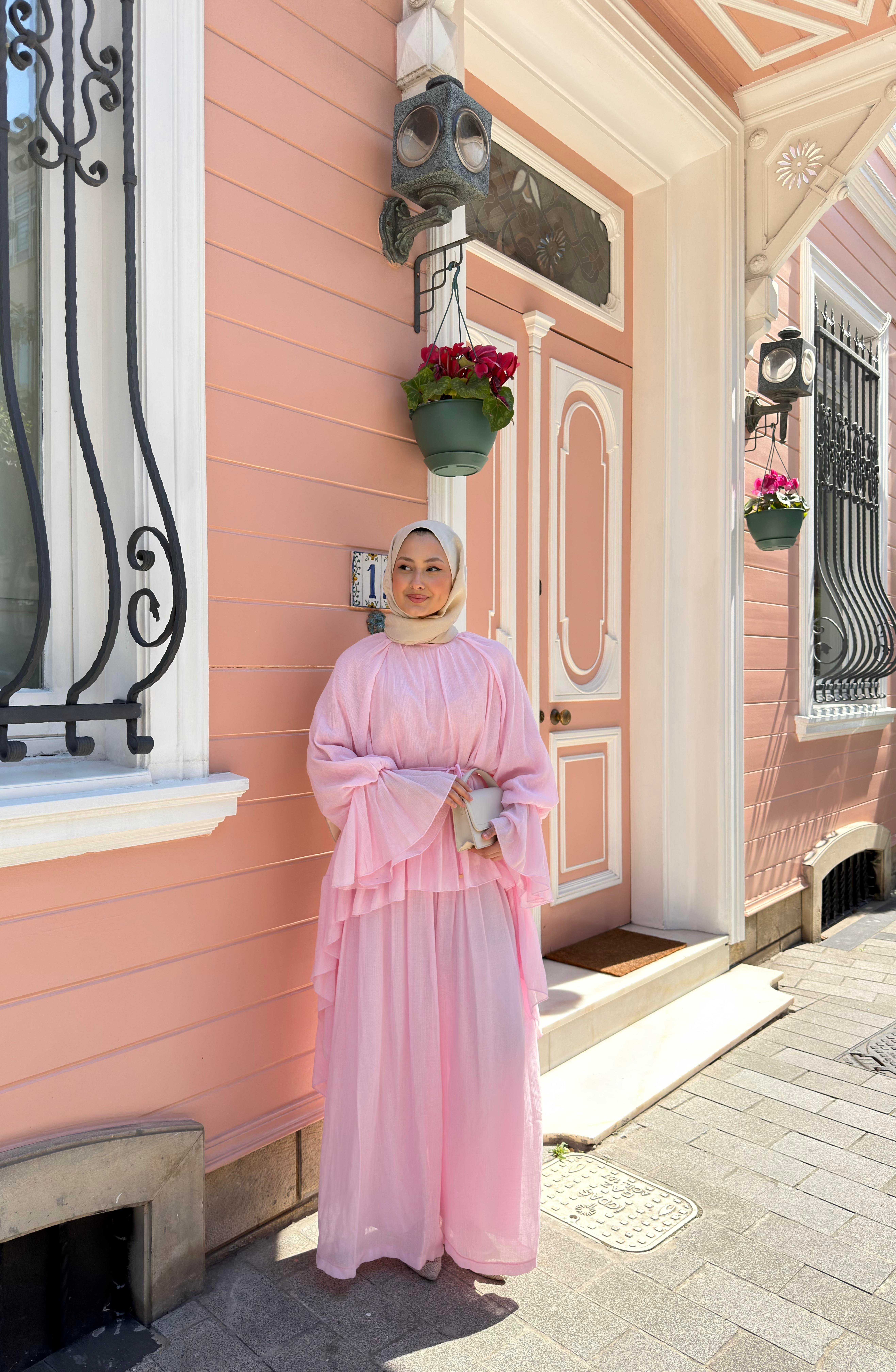 Tül Detay Bel Bağlamalı Pantolonlu Takım Pembe