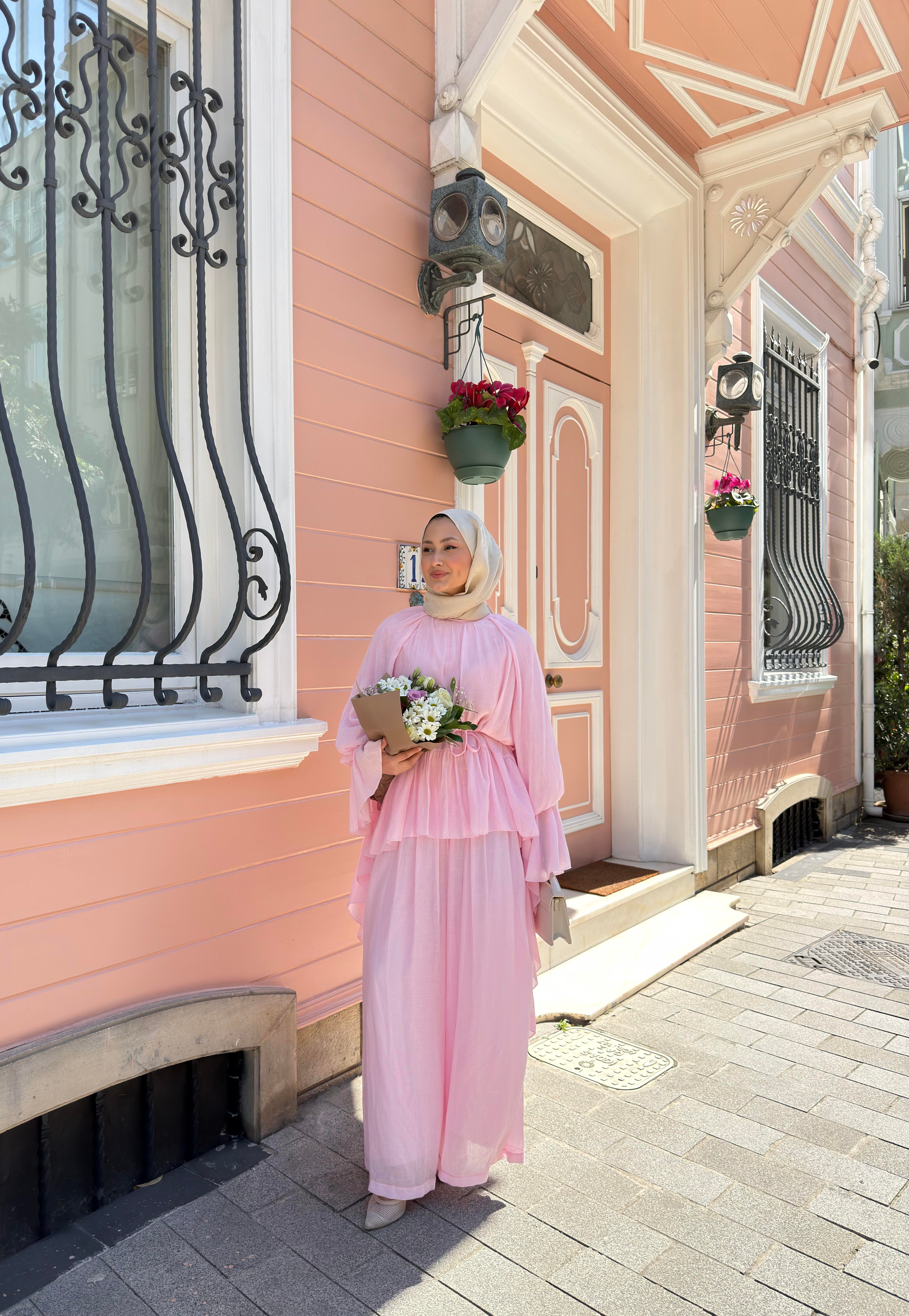 Tül Detay Bel Bağlamalı Pantolonlu Takım Pembe