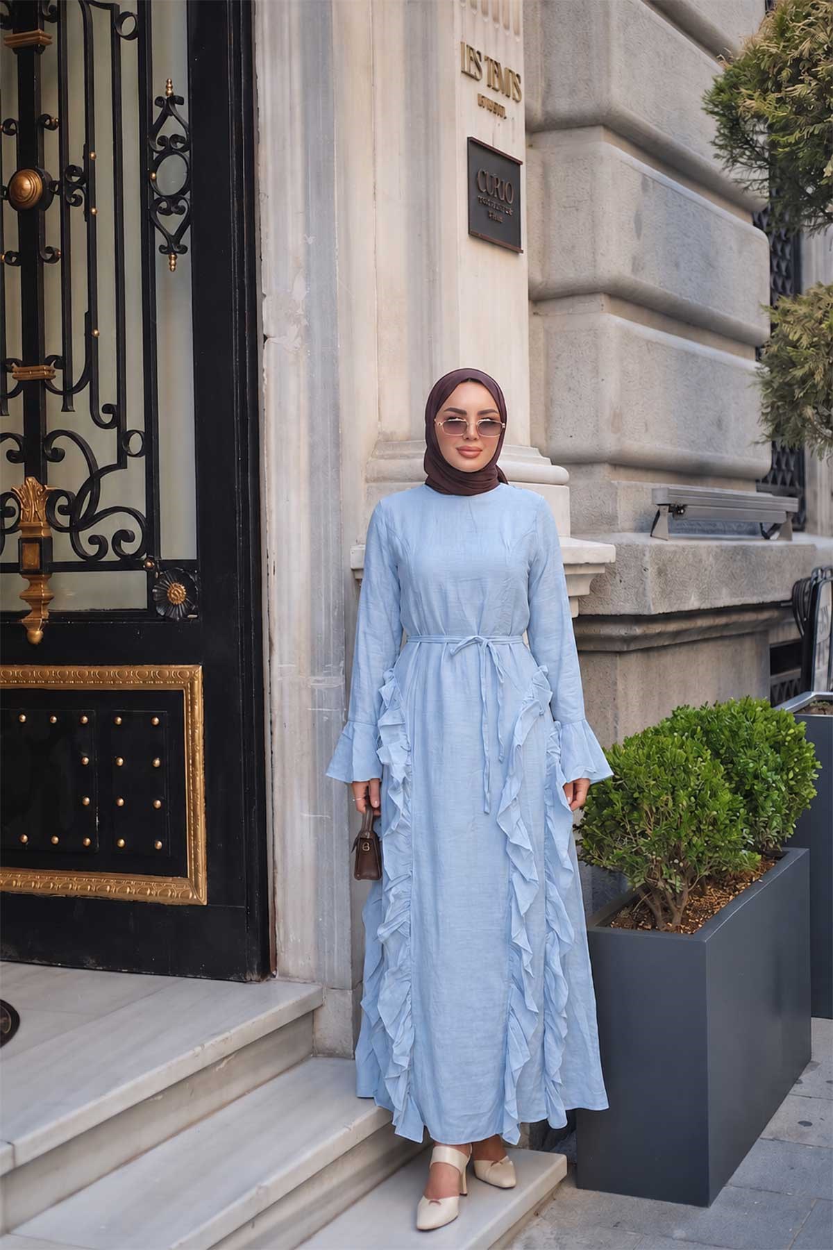 Tül Model Yanları Fırfırlı Elbise Mavi