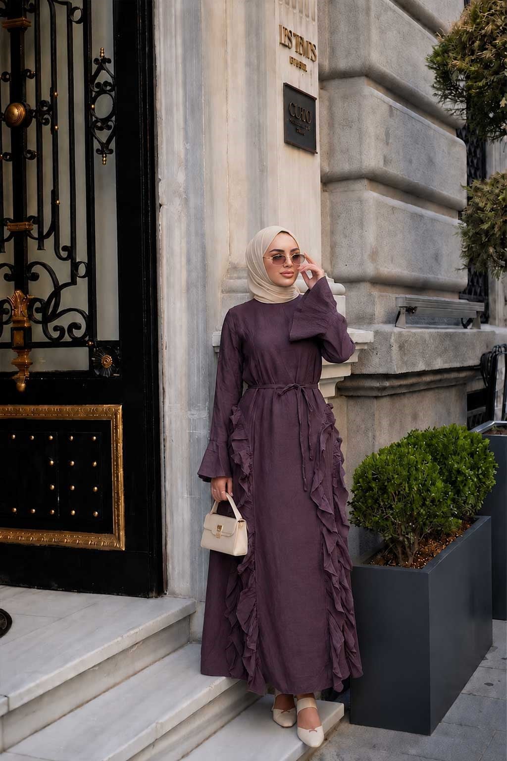Tül Model Yanları Fırfırlı Elbise Mürdüm