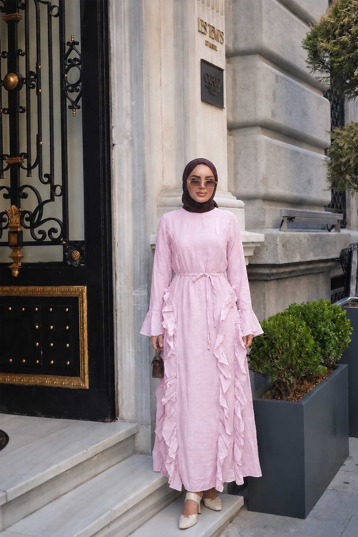 Tül Model Yanları Fırfırlı Elbise Pembe