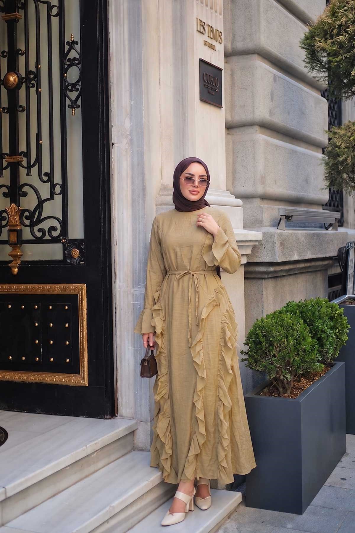Tül Model Yanları Fırfırlı Elbise Yağ Yeşil