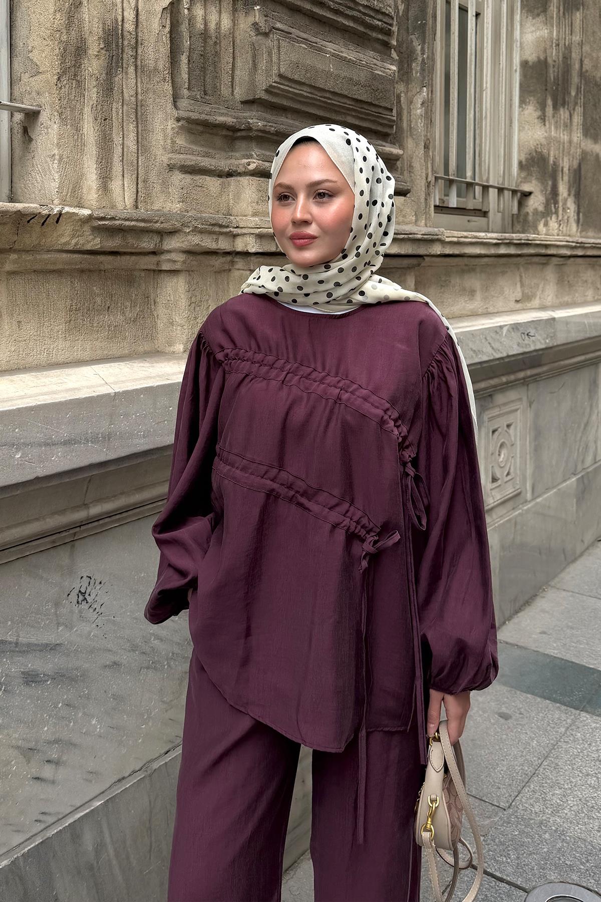 Tünelli Bağcık Detay Pantolonlu Takım Mürdüm