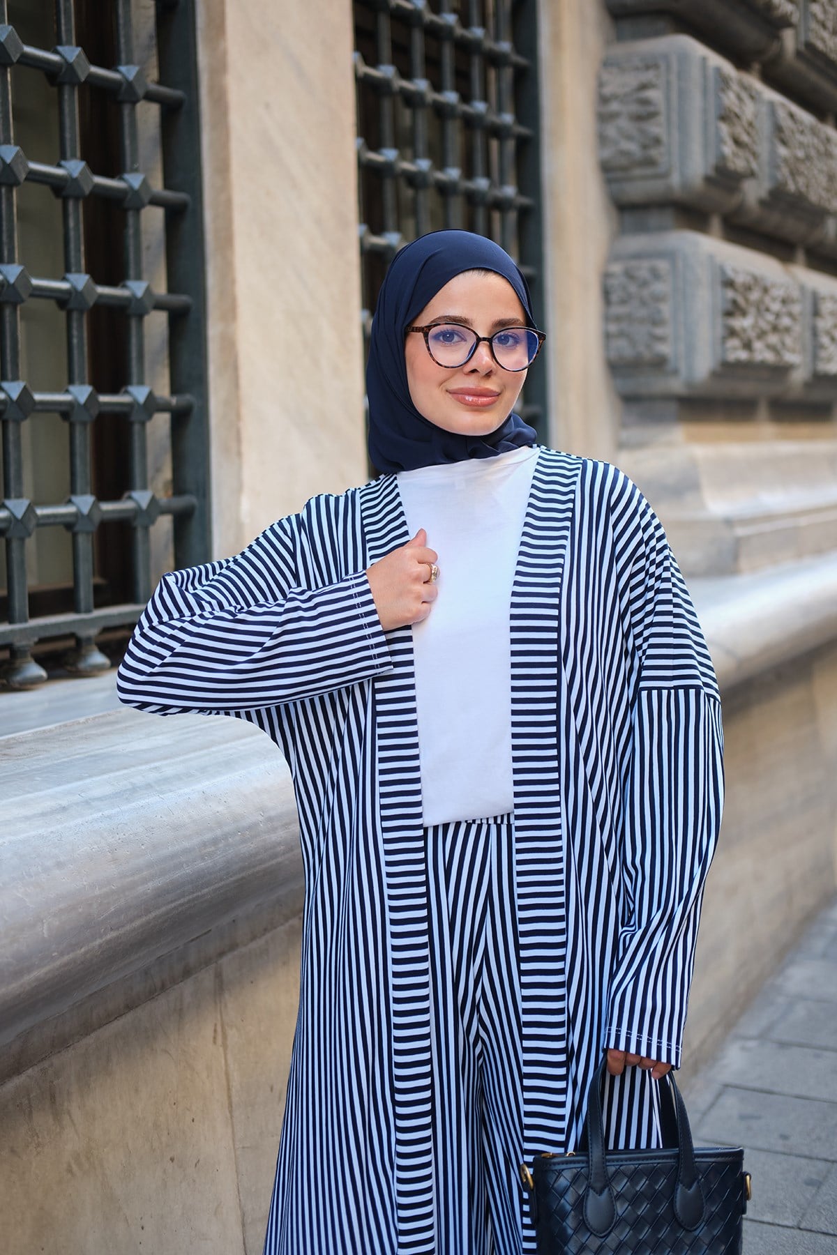 Üç Parça Çizgili Kimono Takım Lacivert