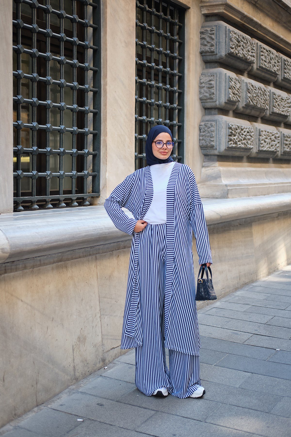 Üç Parça Çizgili Kimono Takım Lacivert